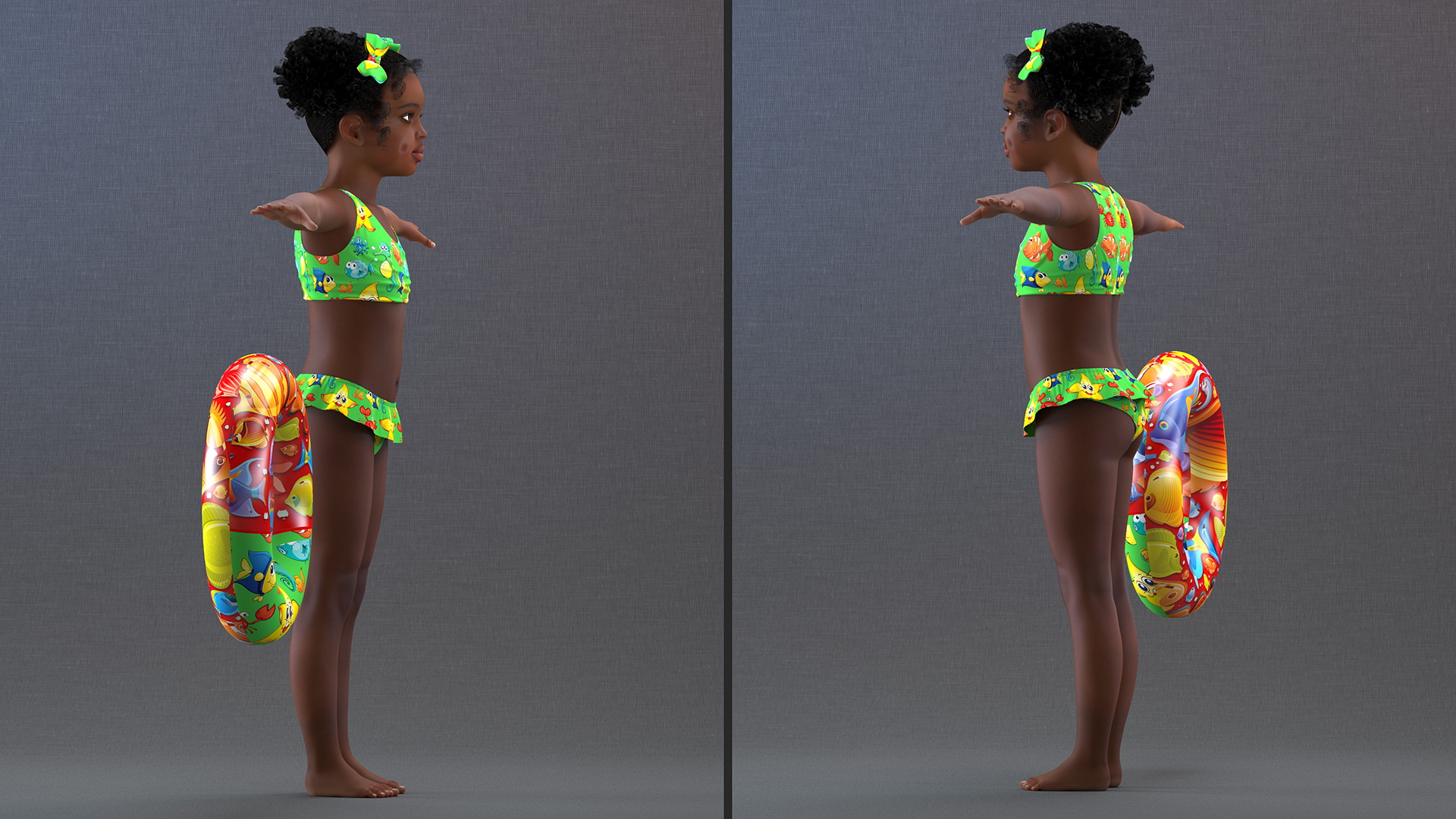 3D model T-Pose Black Girl Child Swimsuit Inflatable Circle