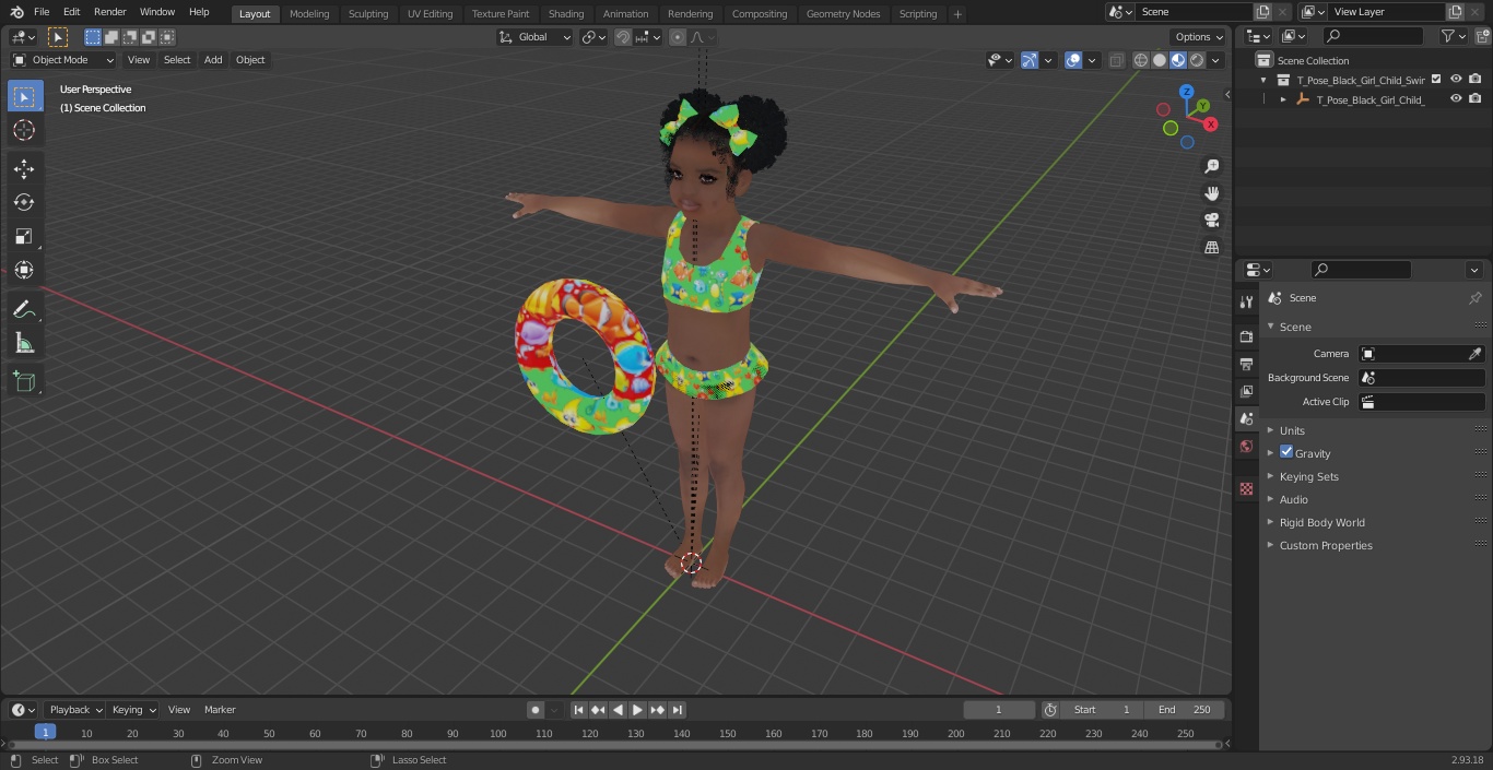 3D model T-Pose Black Girl Child Swimsuit Inflatable Circle