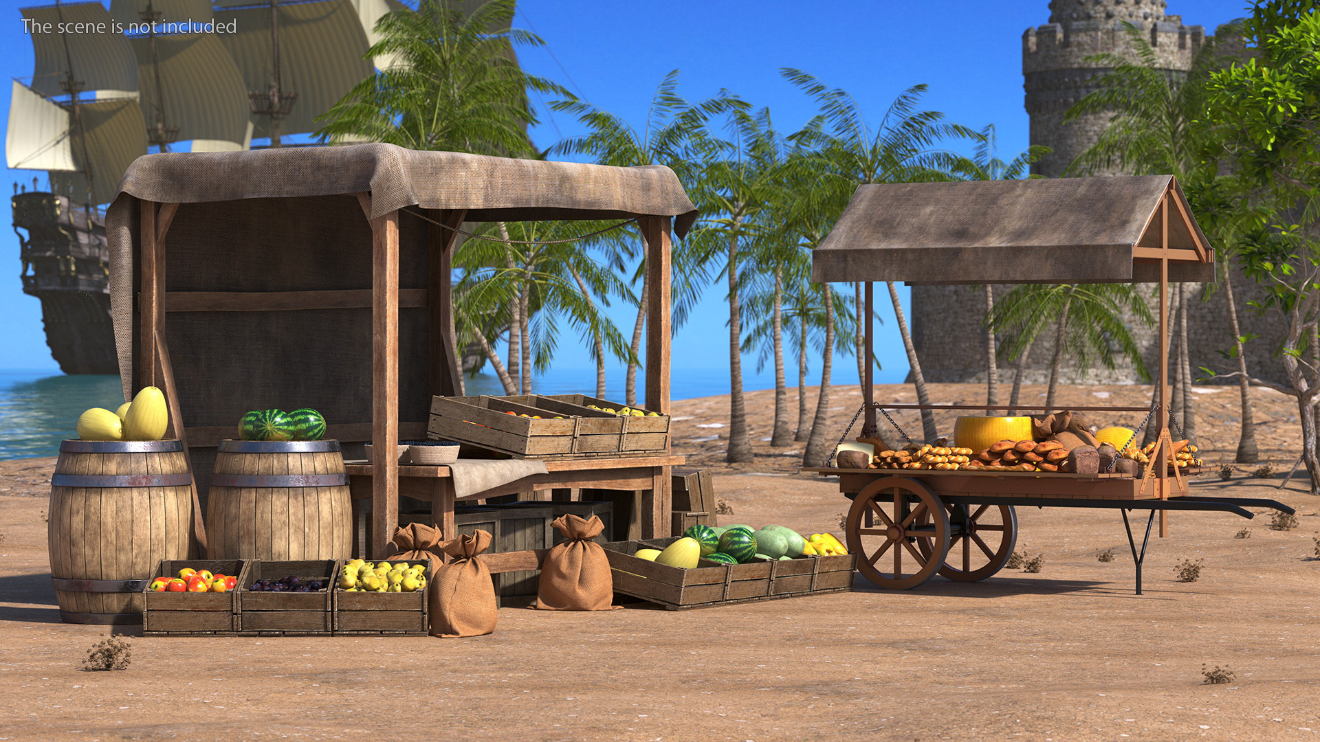 3D Medieval Trading Market Shop with Cart model