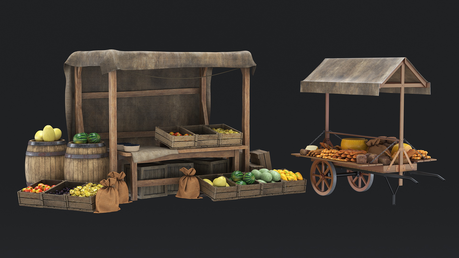 3D Medieval Trading Market Shop with Cart model