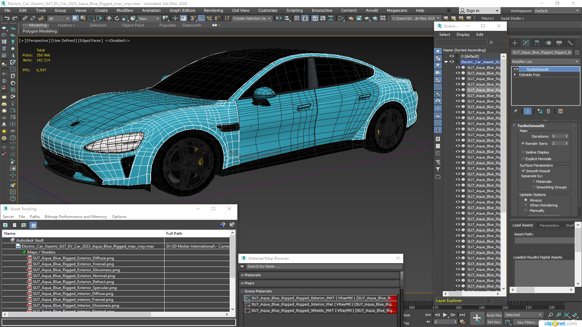 3D Electric Car Xiaomi SU7 EV Car 2023 Aqua Blue Rigged for Maya