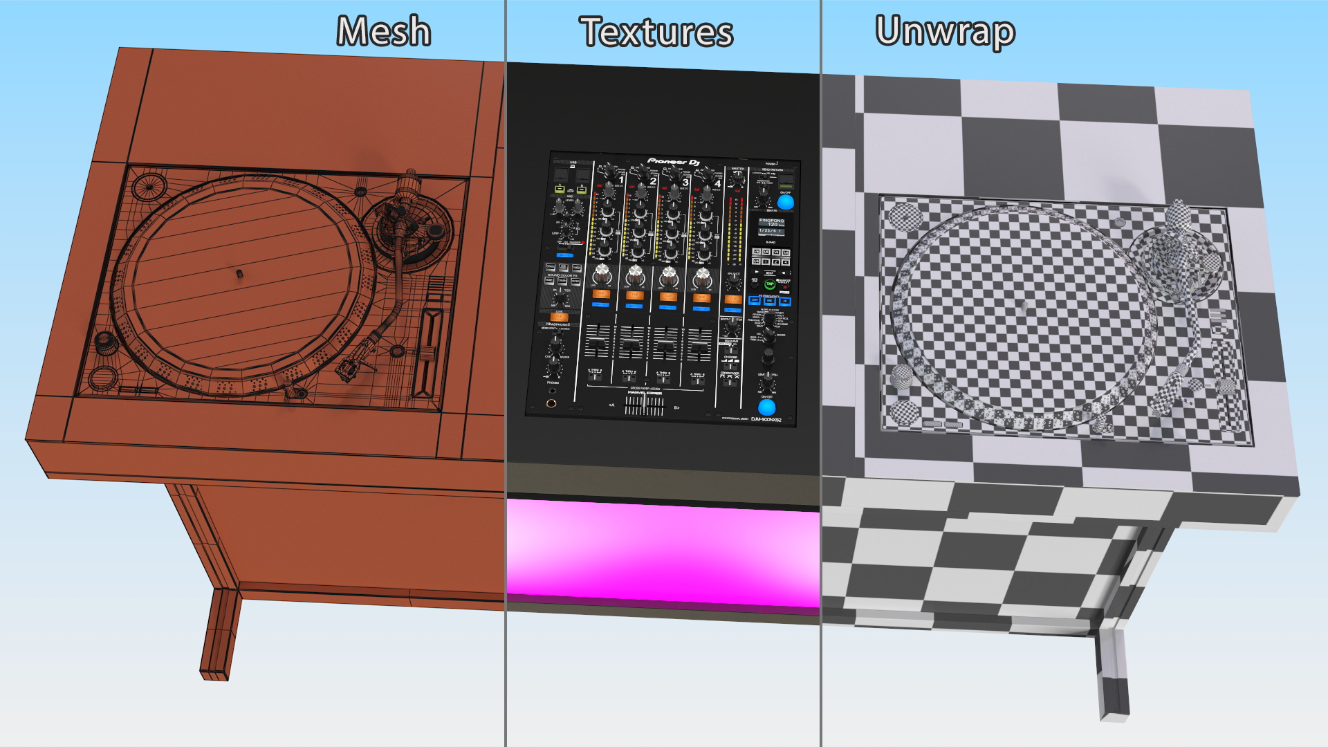 DJ Console with Mixer Pioneer and Purple Lighting 3D model