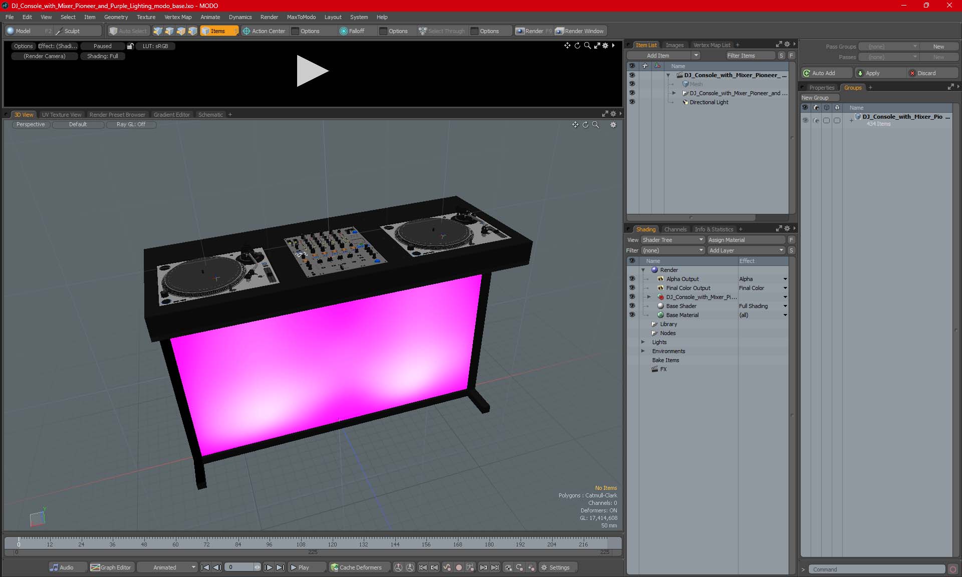 DJ Console with Mixer Pioneer and Purple Lighting 3D model