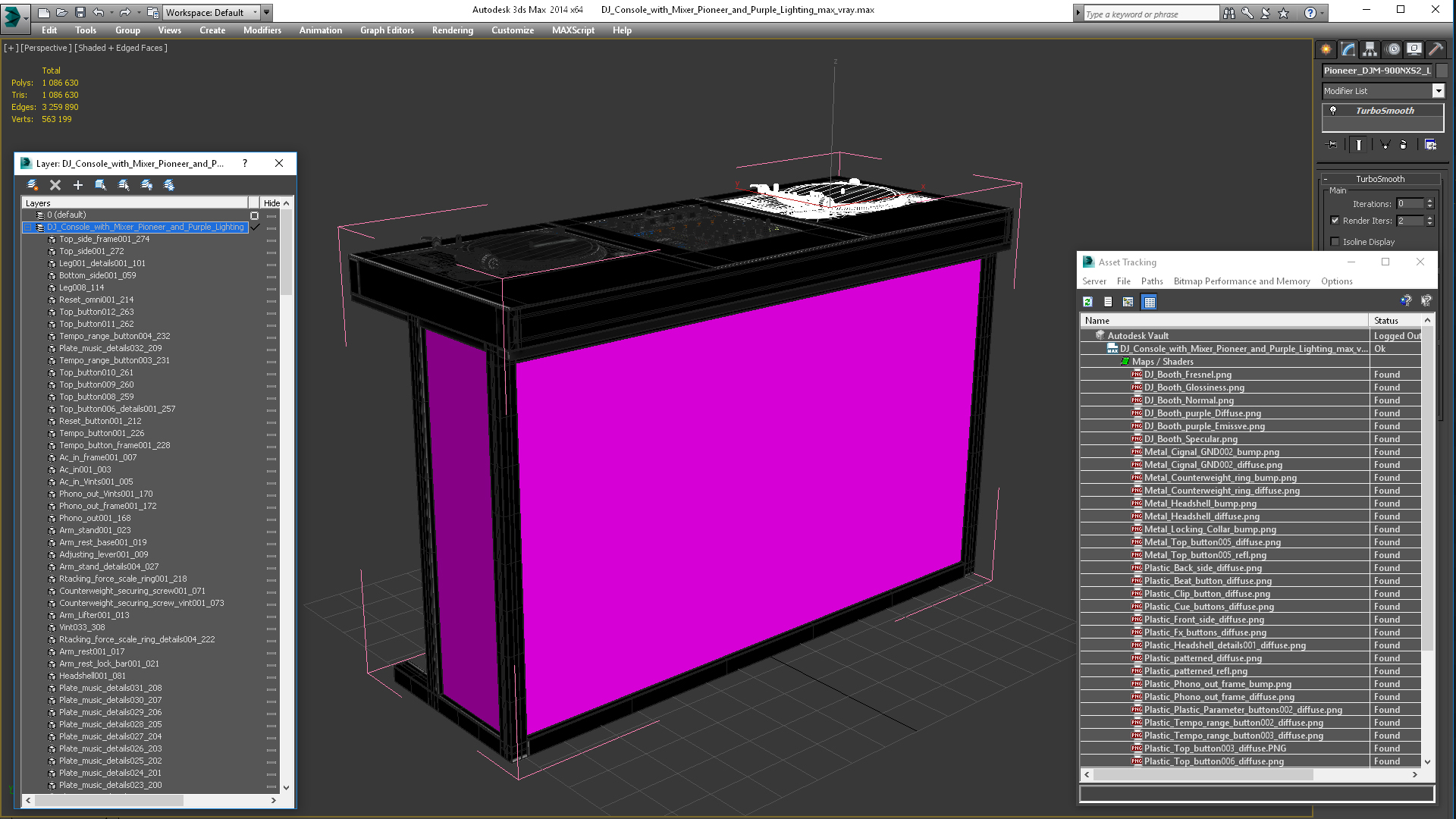 DJ Console with Mixer Pioneer and Purple Lighting 3D model