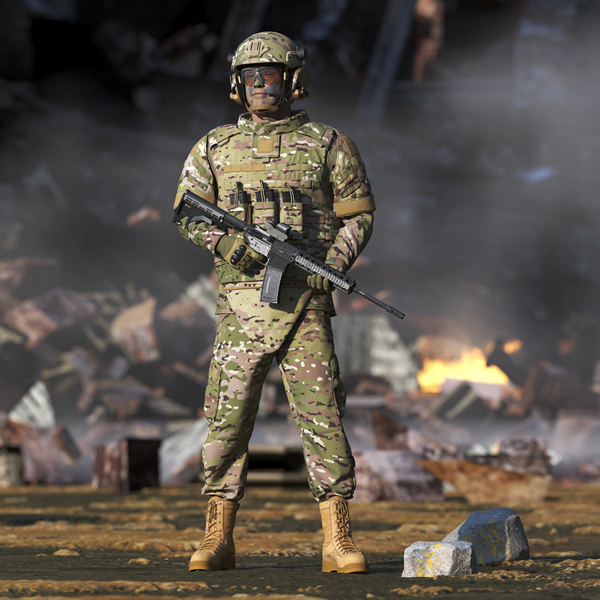 3D model Soldier in Green Gear and Assault Rifle Rigged for Cinema 4D