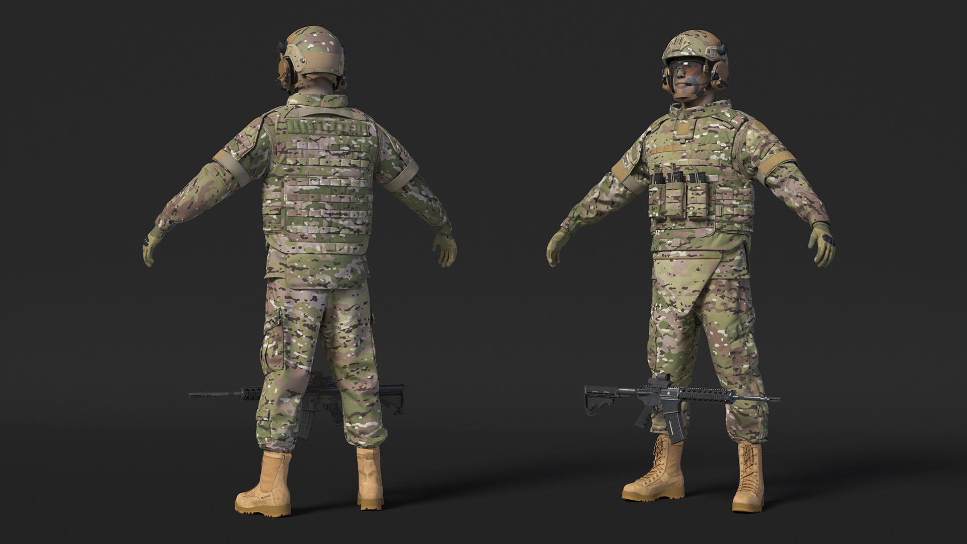 3D model Soldier in Green Gear and Assault Rifle Rigged for Cinema 4D