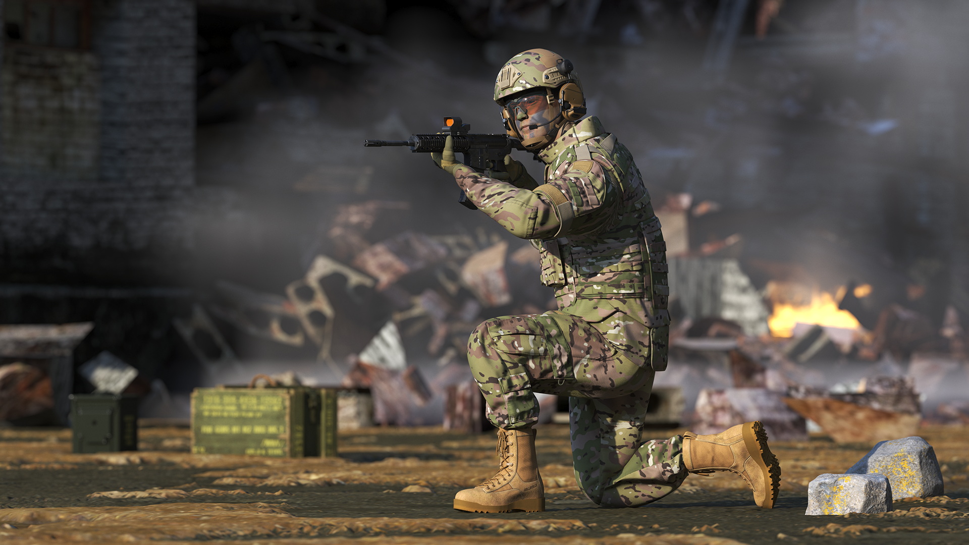 3D model Soldier in Green Gear and Assault Rifle Rigged for Cinema 4D
