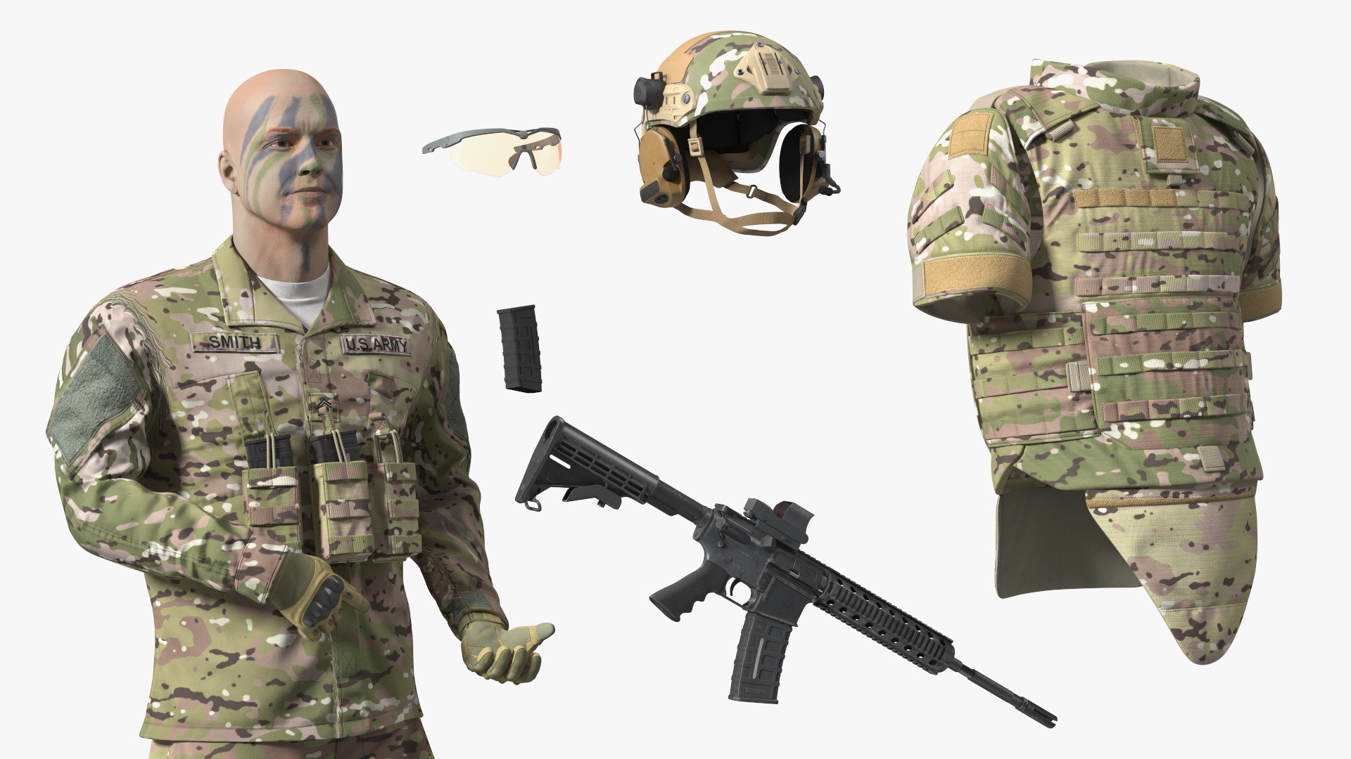 3D model Soldier in Green Gear and Assault Rifle Rigged for Cinema 4D
