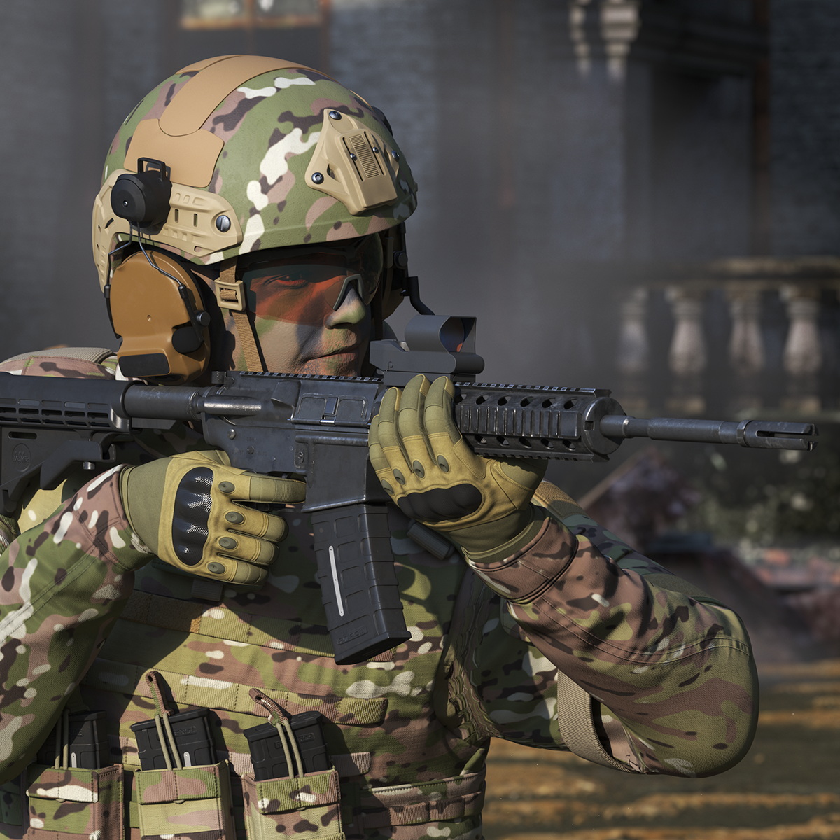 3D model Soldier in Green Gear and Assault Rifle Rigged for Cinema 4D
