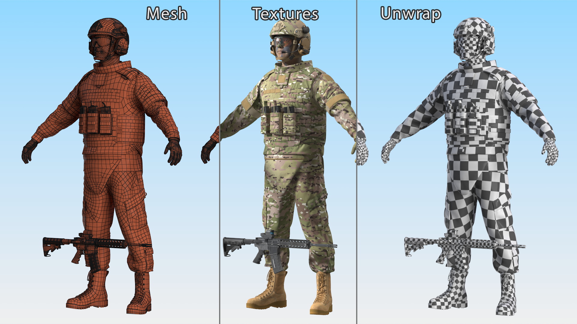 3D model Soldier in Green Gear and Assault Rifle Rigged for Cinema 4D