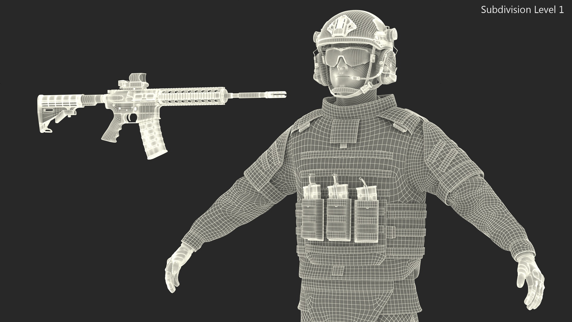 3D model Soldier in Green Gear and Assault Rifle Rigged for Cinema 4D