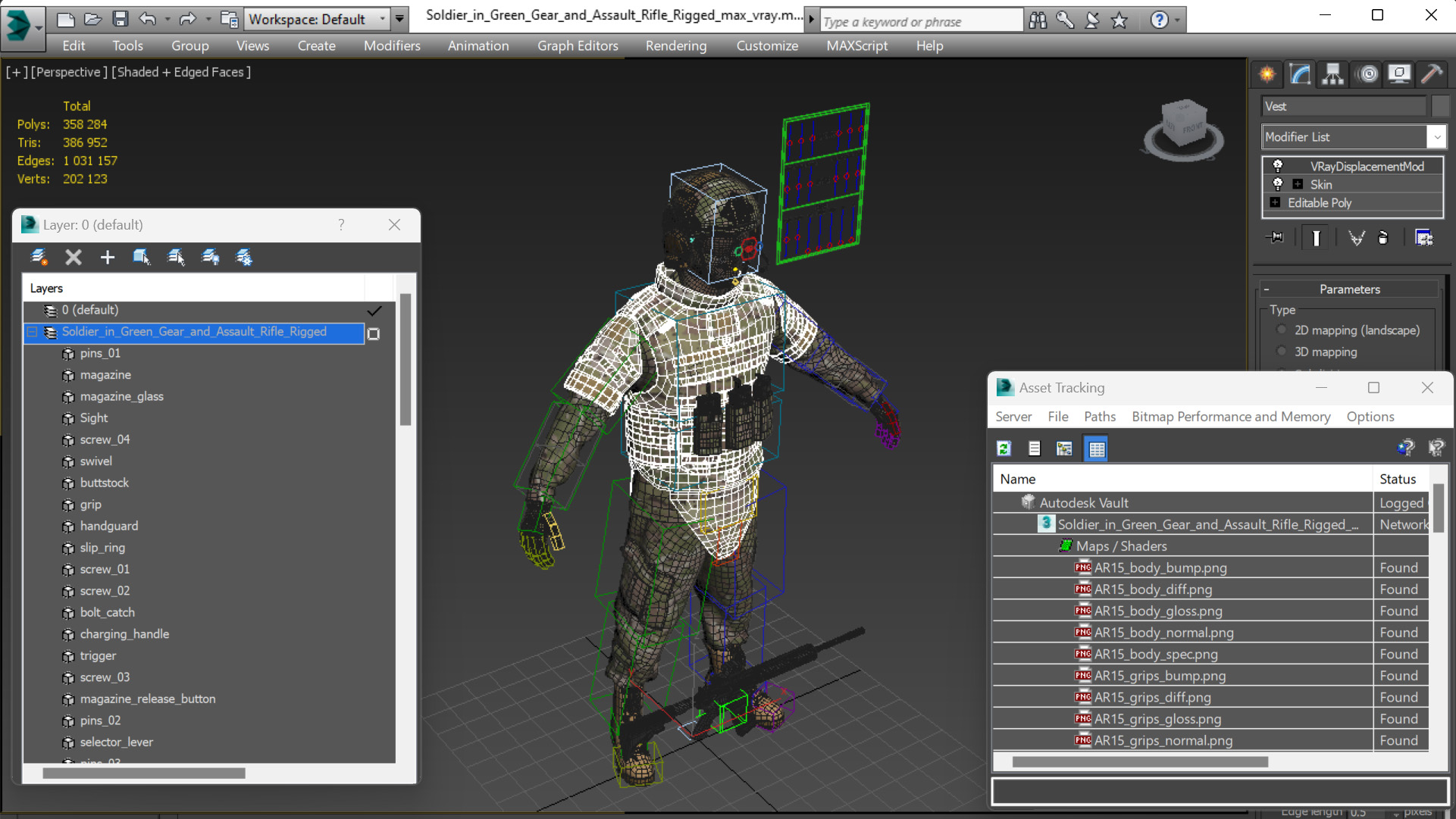 3D model Soldier in Green Gear and Assault Rifle Rigged for Cinema 4D