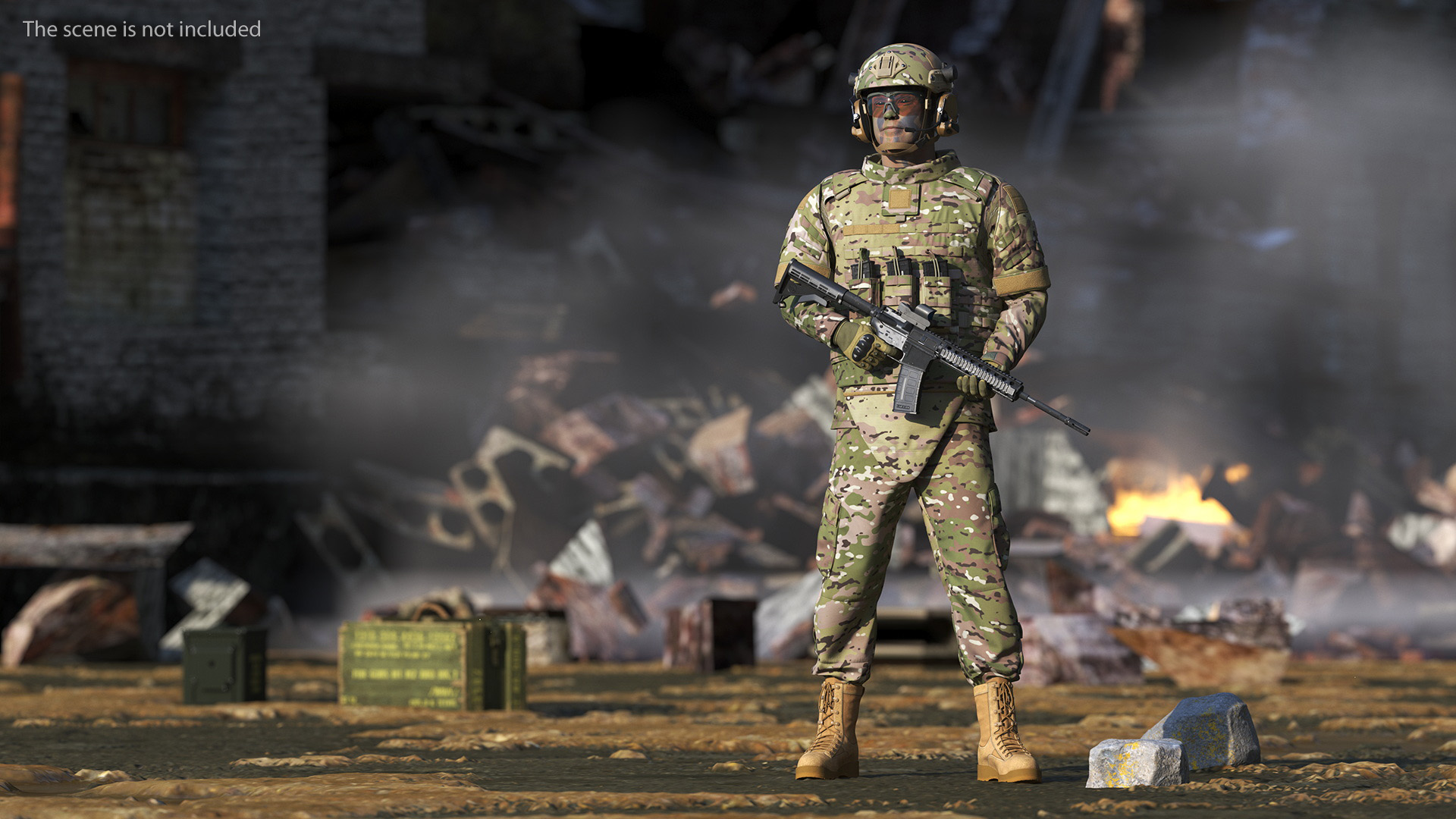 3D model Soldier in Green Gear and Assault Rifle Rigged for Cinema 4D
