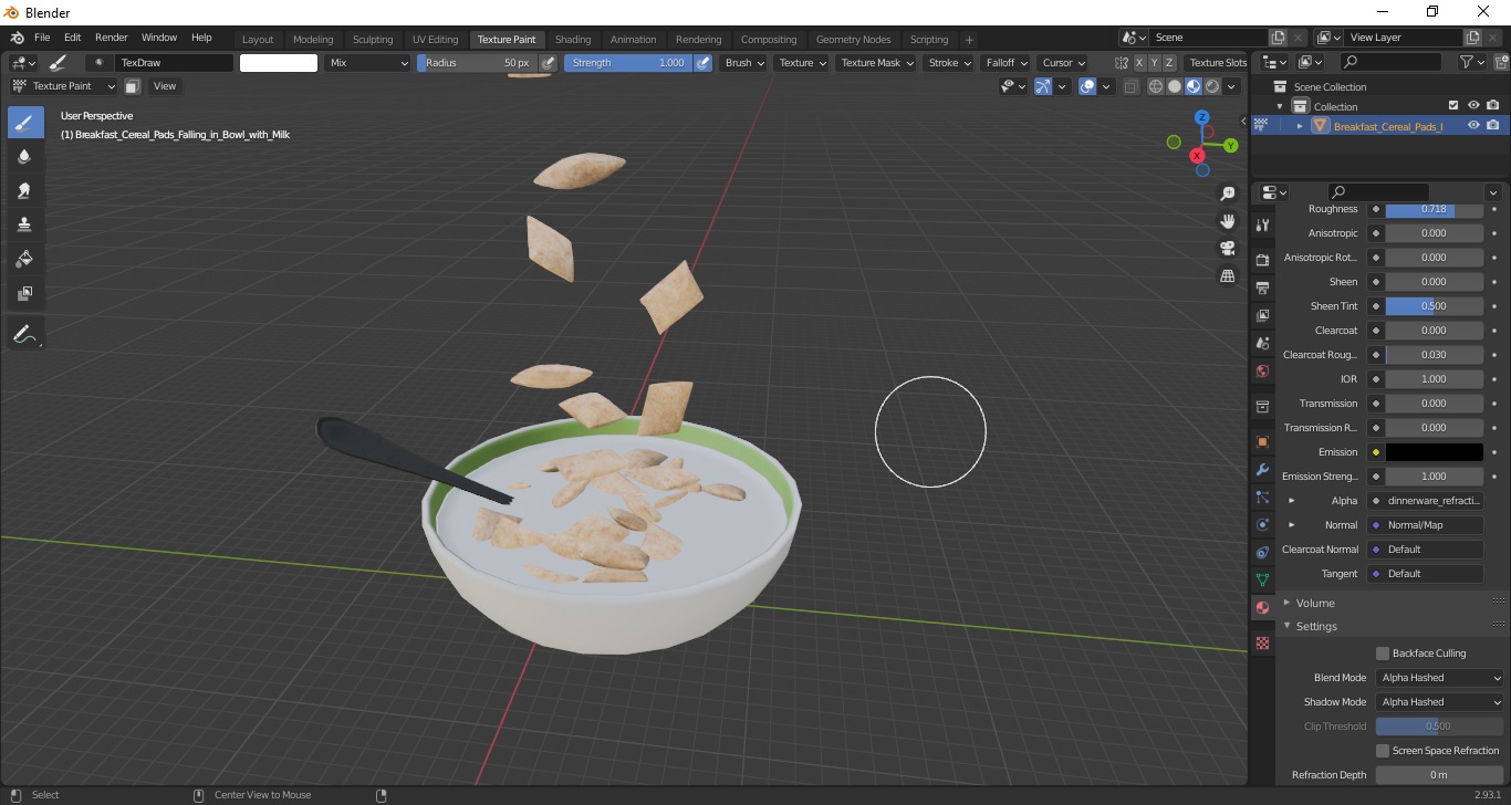 Breakfast Cereal Pads Falling in Bowl with Milk 3D