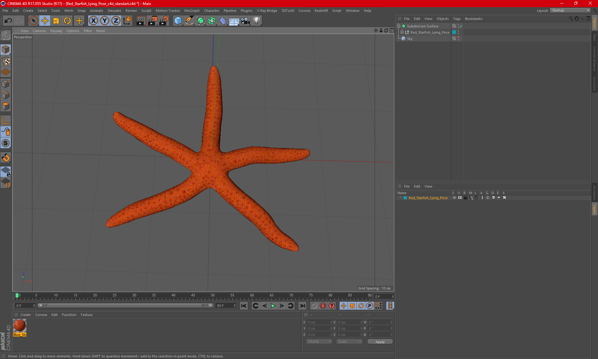 3D Red Starfish Lying Pose model