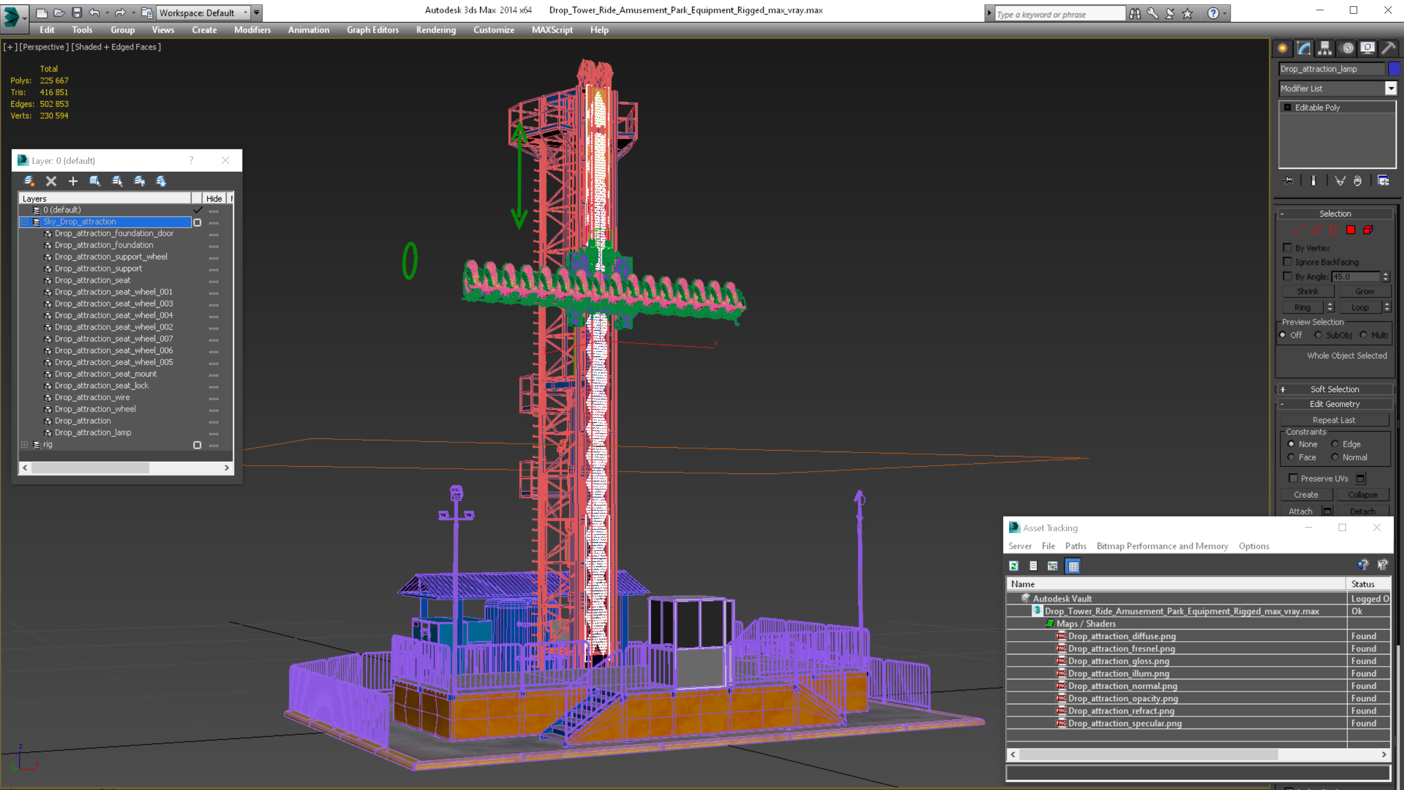 Drop Tower Ride Amusement Park Equipment Rigged 3D