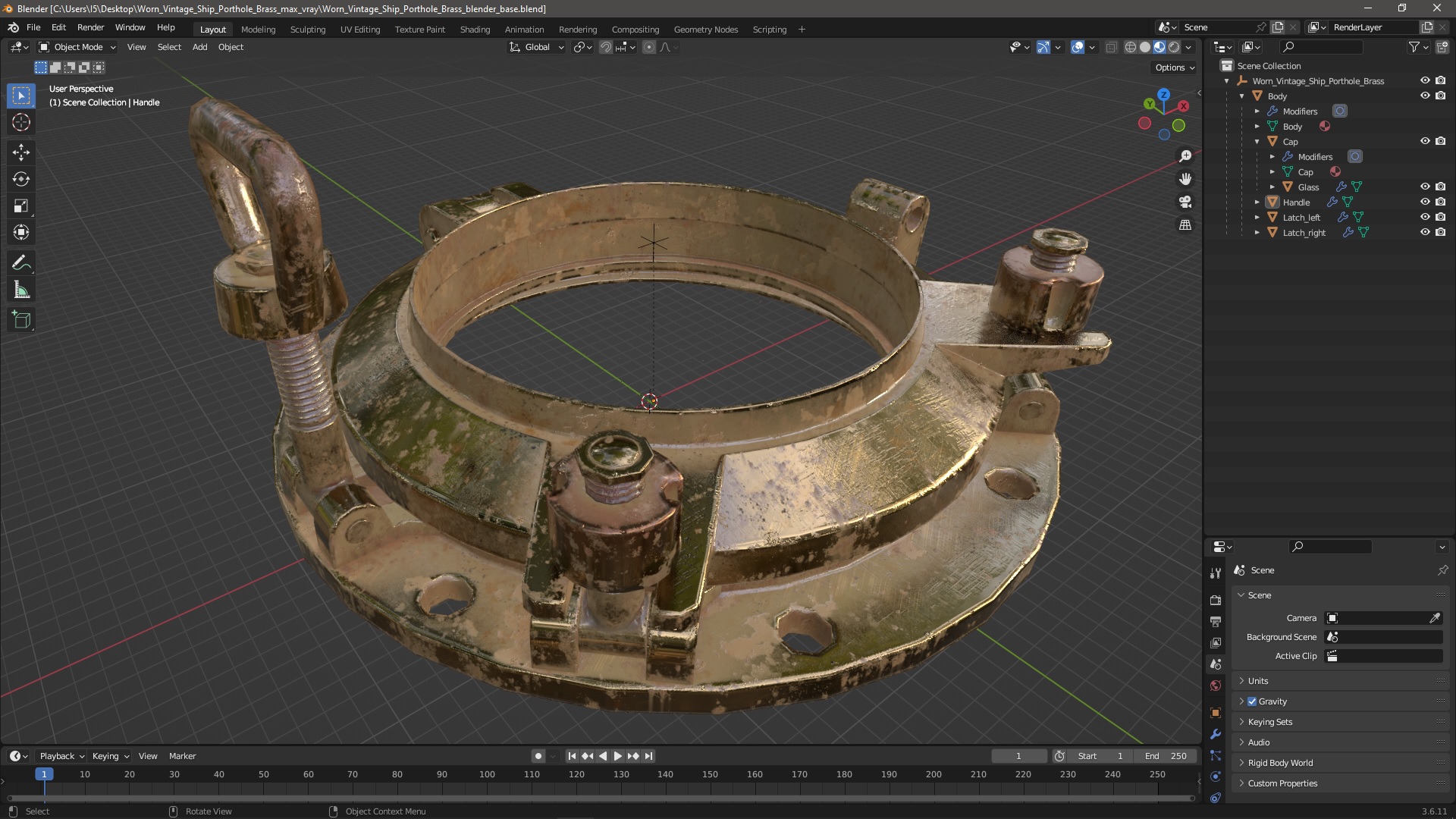 Worn Vintage Ship Porthole Brass 3D