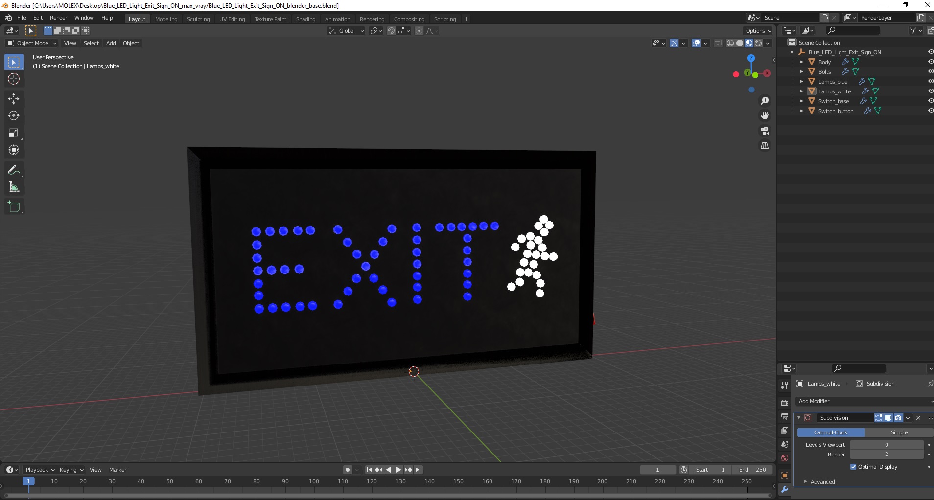 Blue LED Light Exit Sign ON 3D