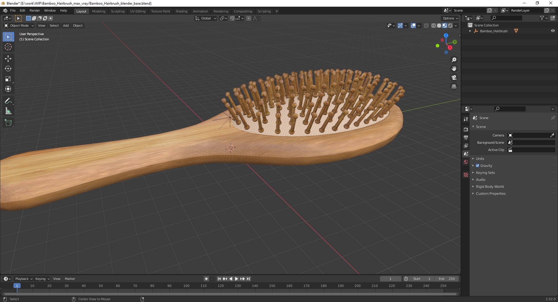 Bamboo Hairbrush for 3D Print 3D model