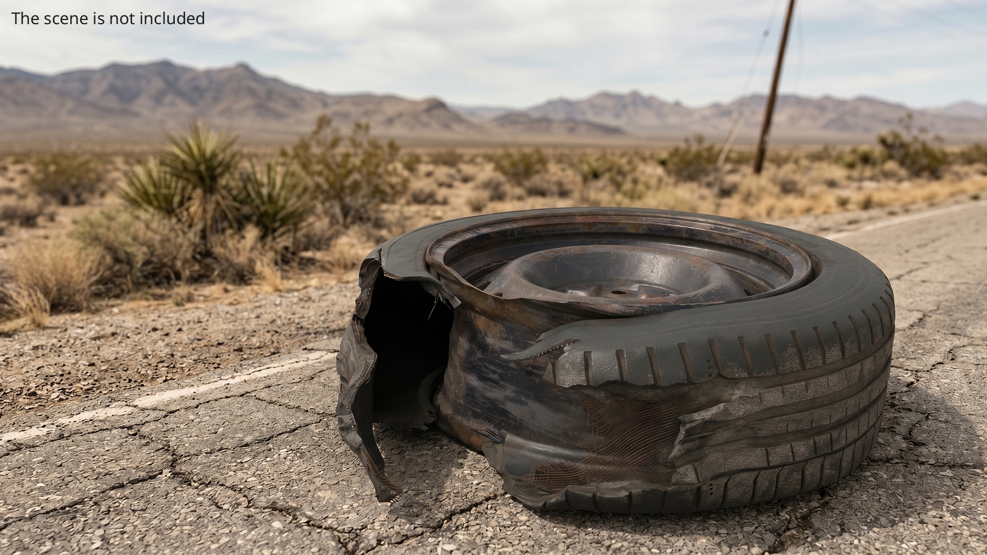 Damaged Steel Rim with Torn Tire Black Used, view 3
