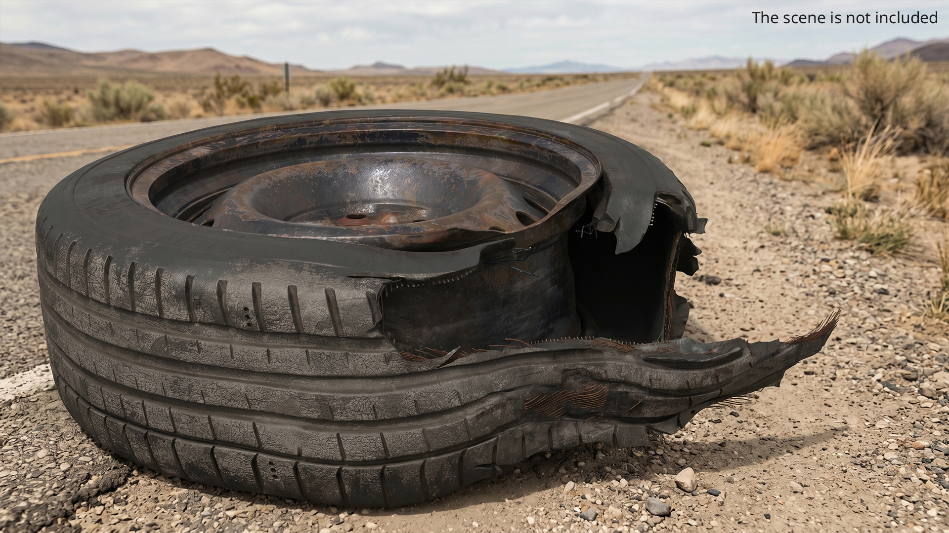 Damaged Steel Rim with Torn Tire Black Used, view 2