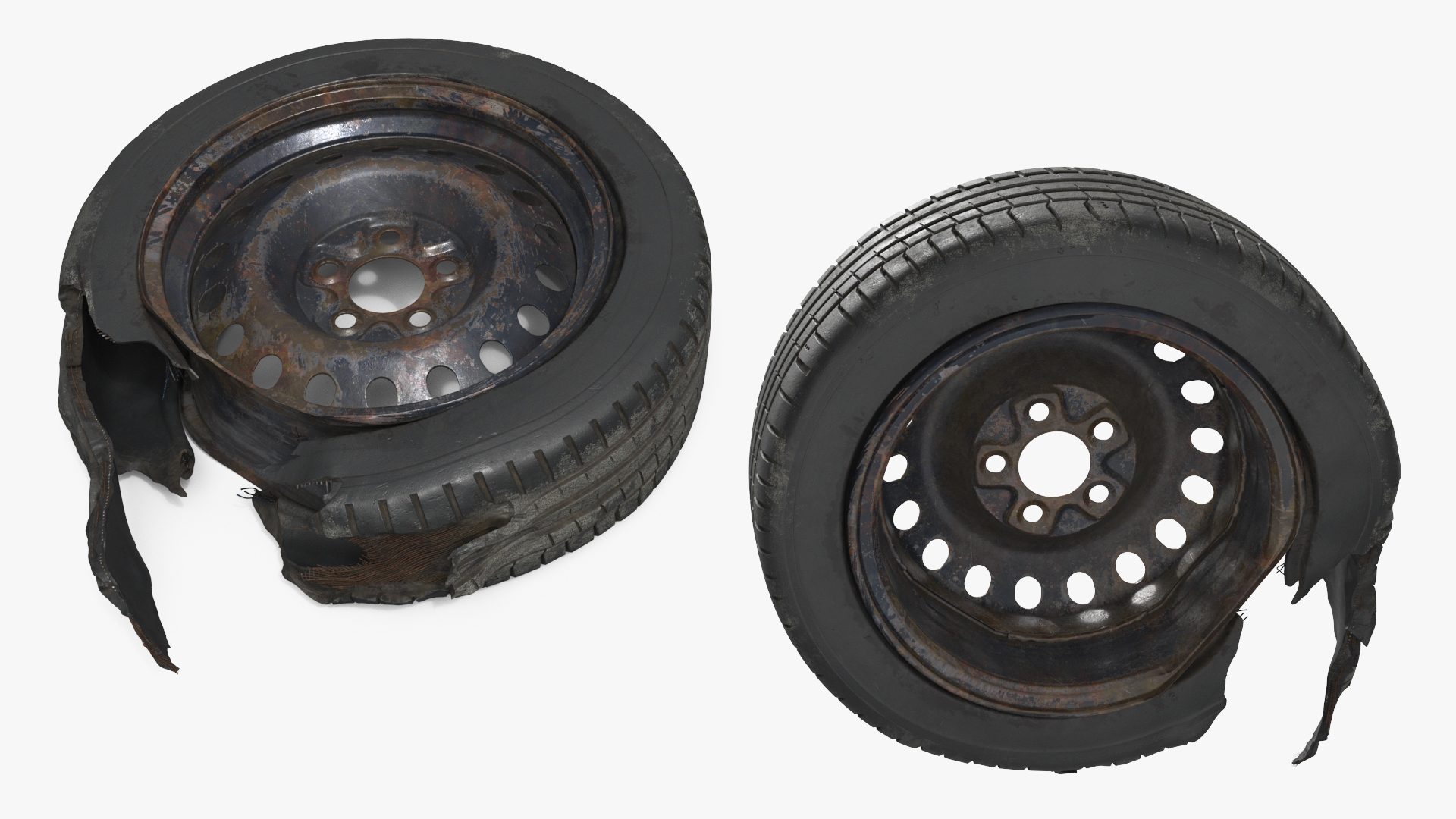 Damaged Steel Rim with Torn Tire Black Used