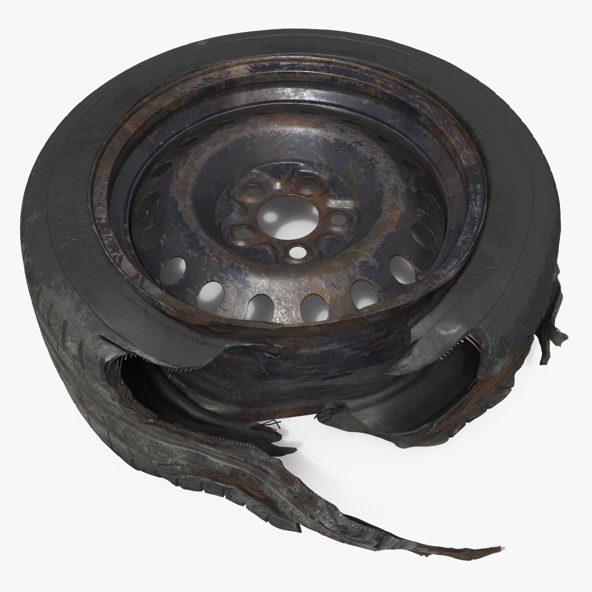 Damaged Steel Rim with Torn Tire Black Used 3D model preview