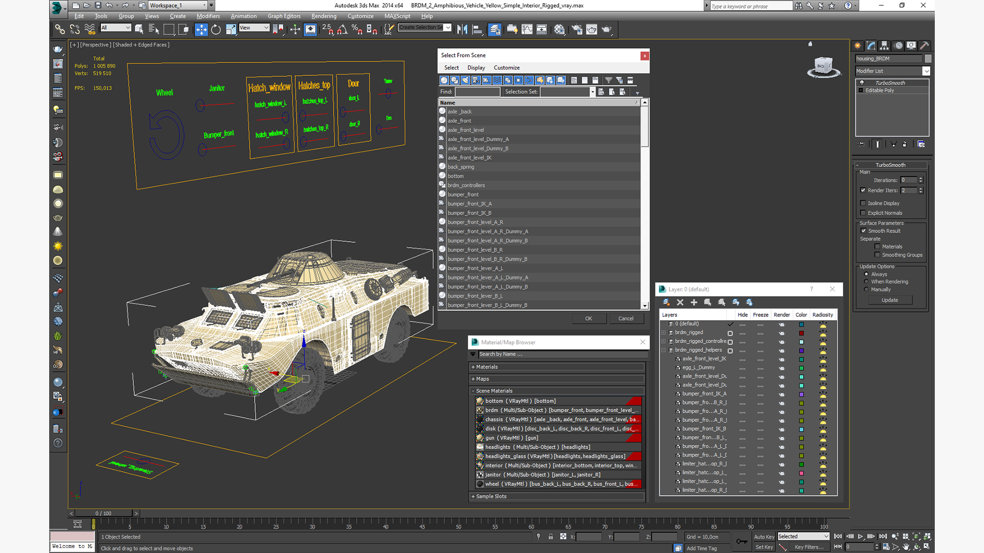 3D model BRDM 2 Amphibious Vehicle Yellow Simple Interior Rigged