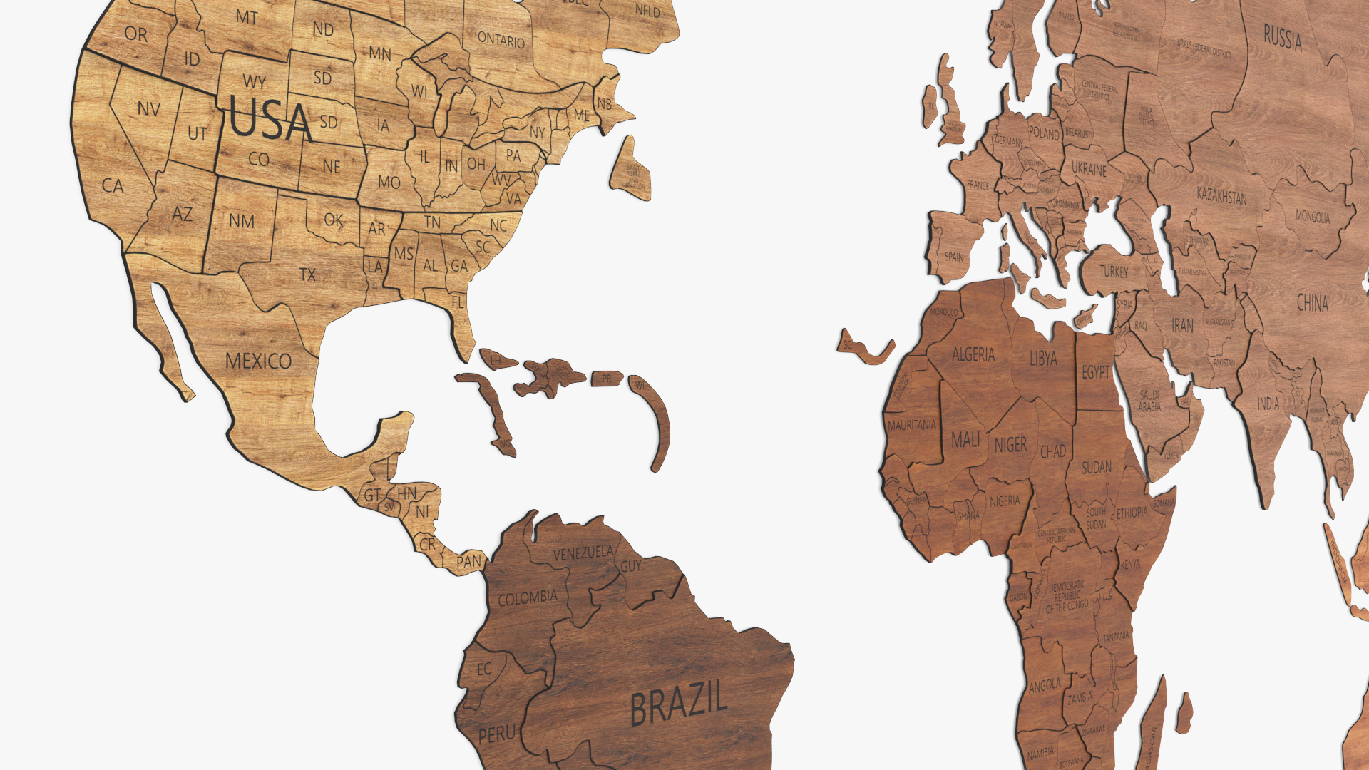 Wood Created World Map 3D