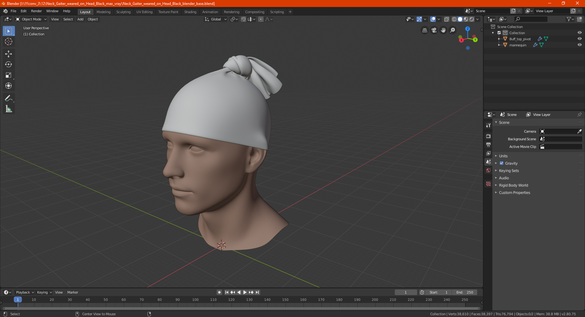 Neck Gaiter weared on Head Black 3D