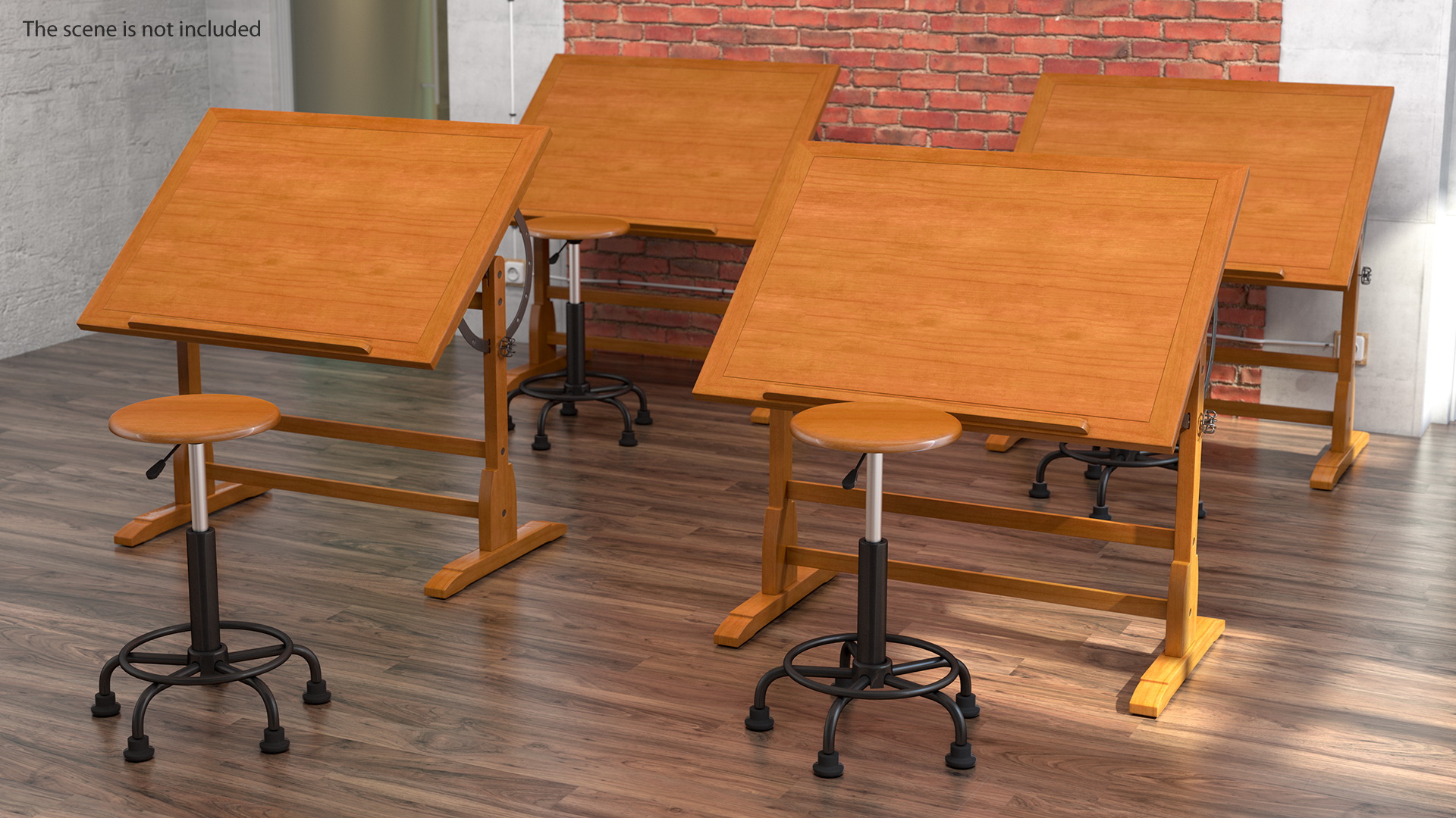 3D Vintage Wood Drafting Table with Drafting Stool Set