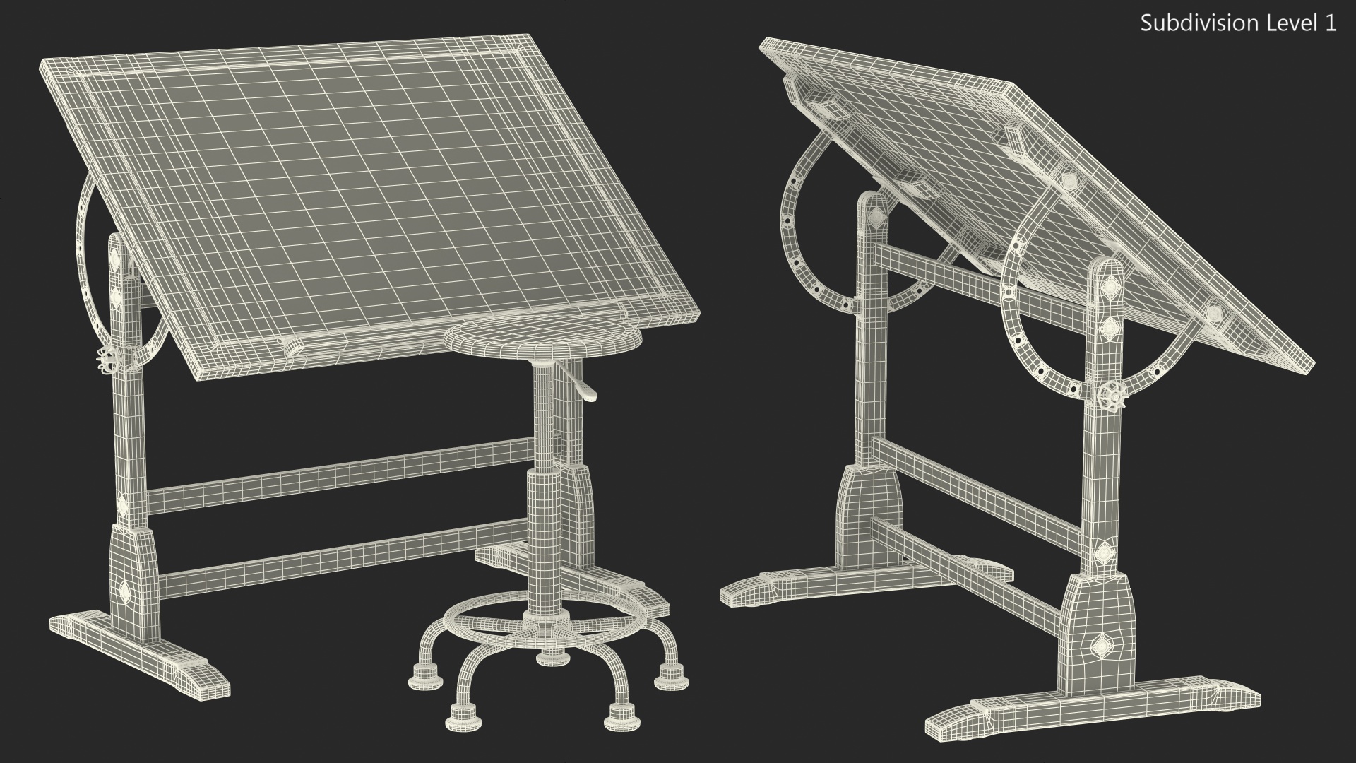 3D Vintage Wood Drafting Table with Drafting Stool Set