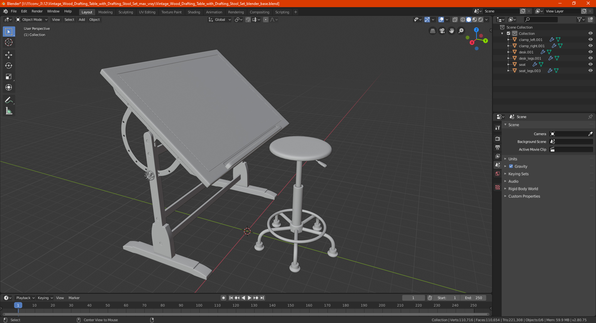3D Vintage Wood Drafting Table with Drafting Stool Set