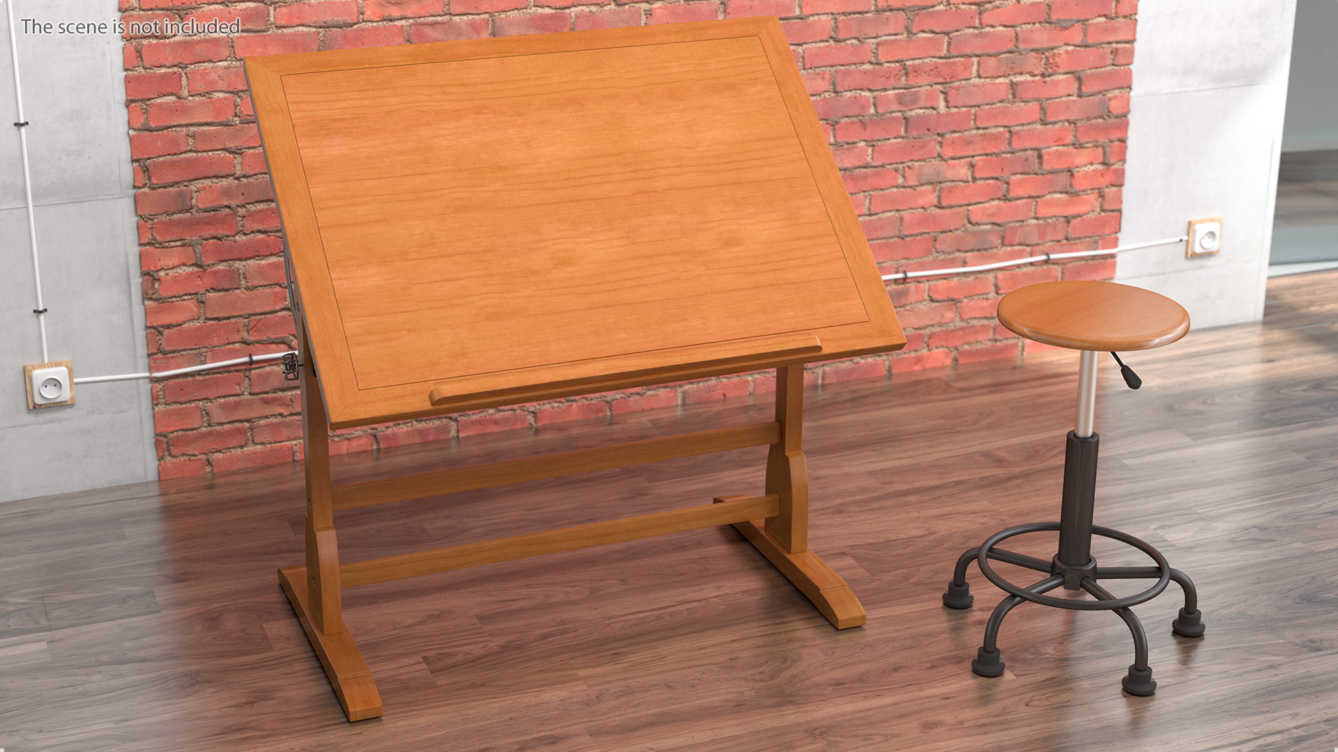 3D Vintage Wood Drafting Table with Drafting Stool Set