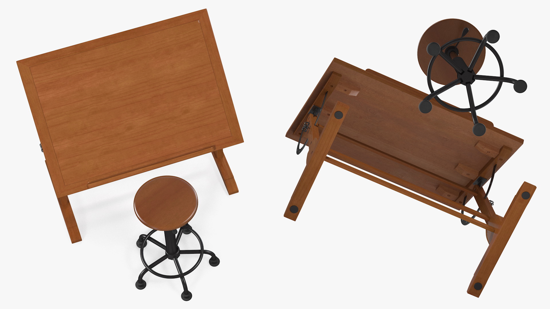 3D Vintage Wood Drafting Table with Drafting Stool Set