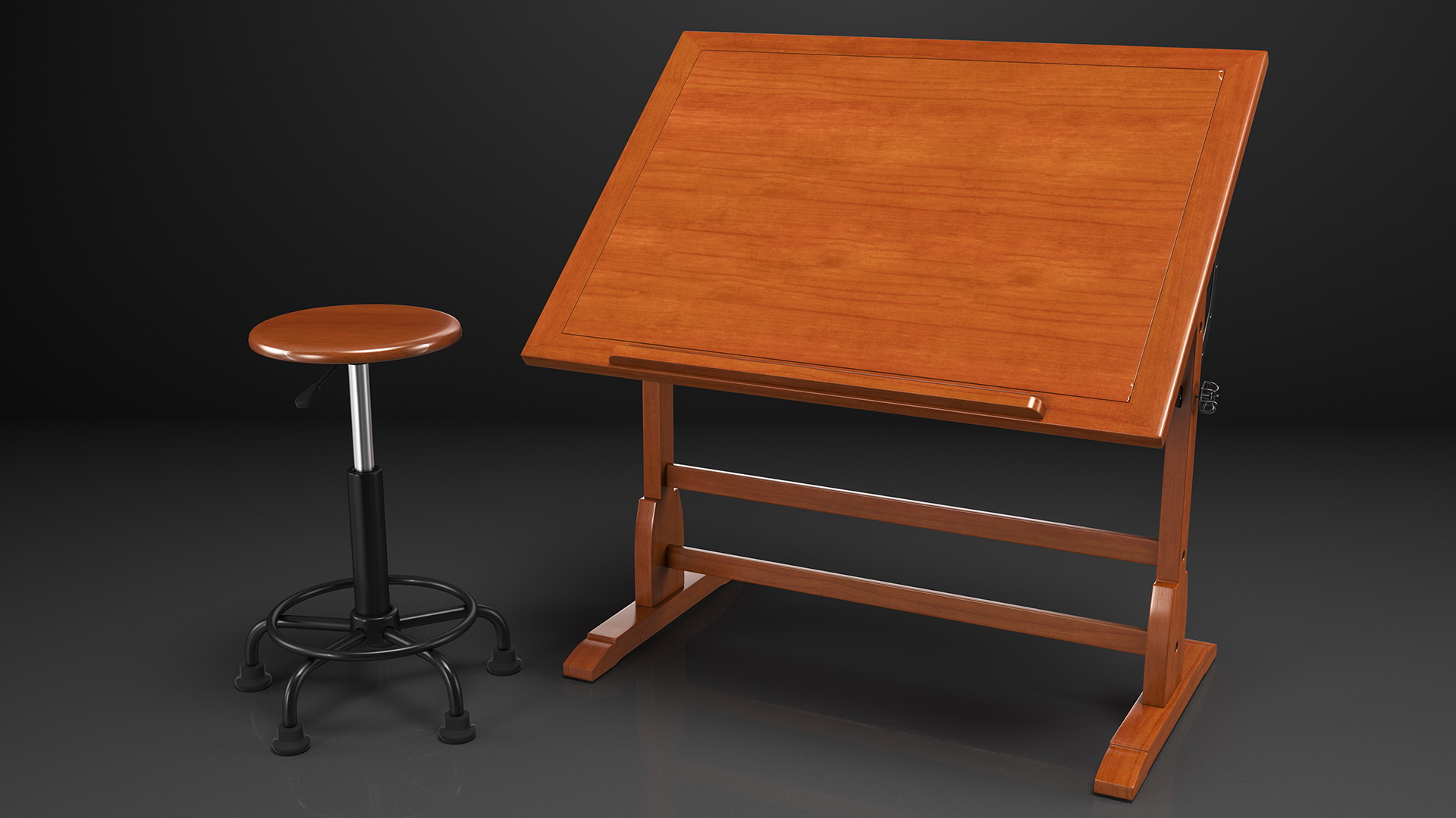 3D Vintage Wood Drafting Table with Drafting Stool Set