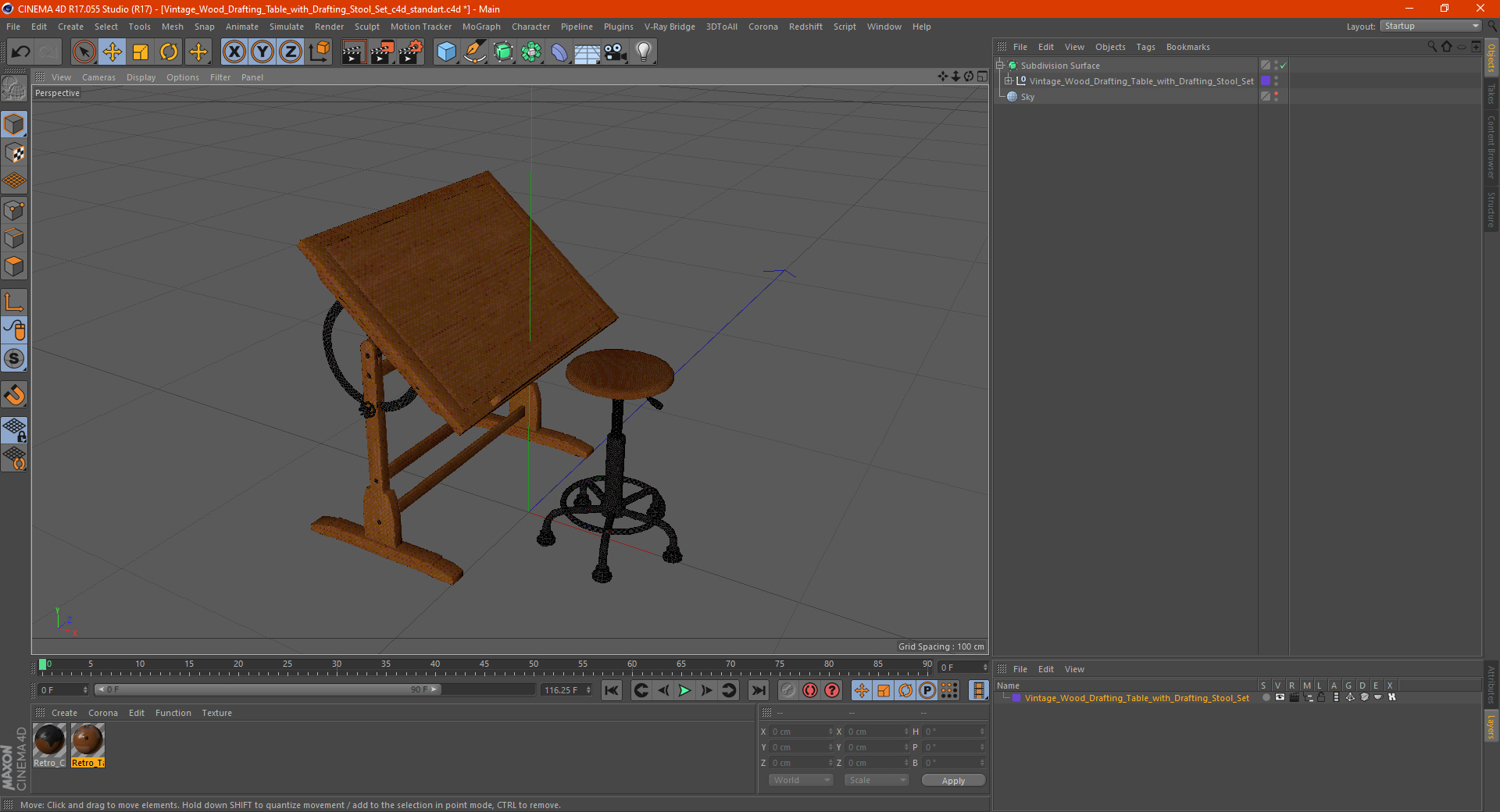3D Vintage Wood Drafting Table with Drafting Stool Set
