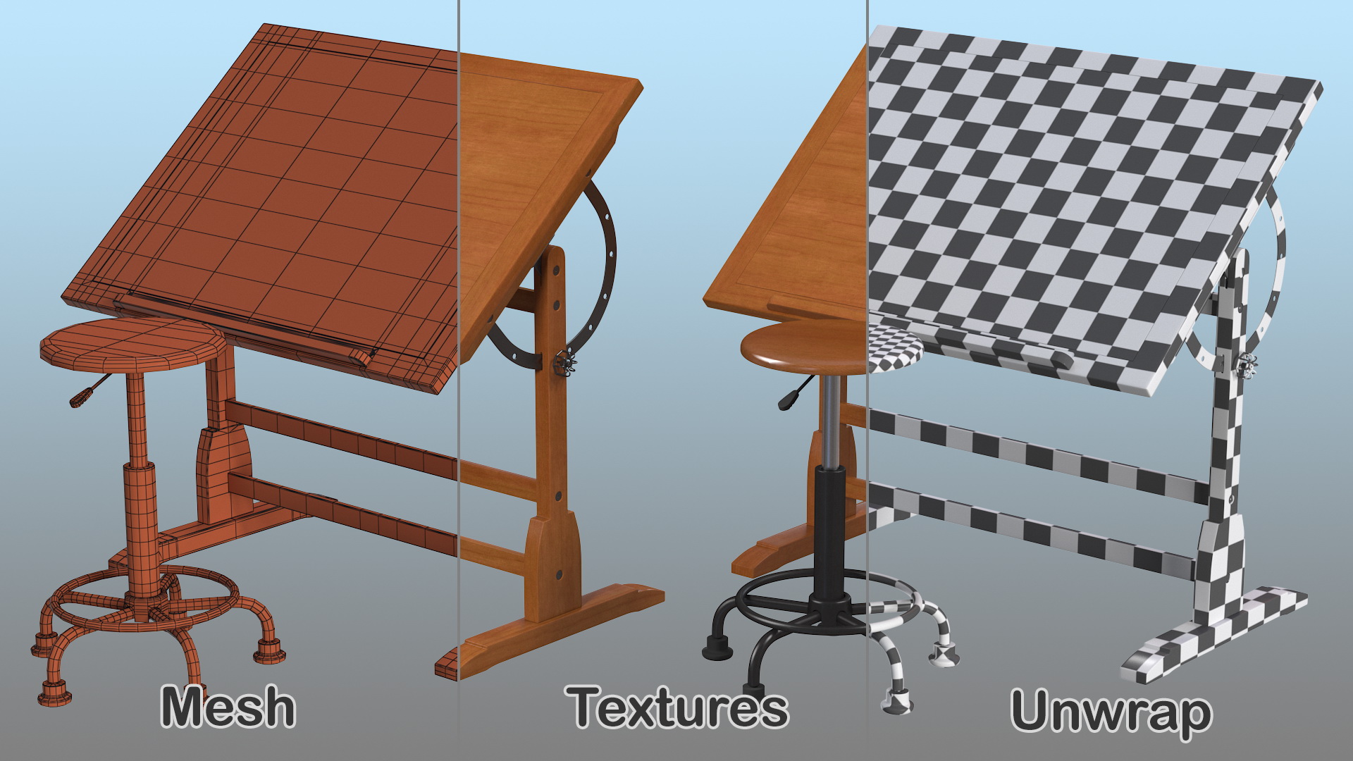 3D Vintage Wood Drafting Table with Drafting Stool Set