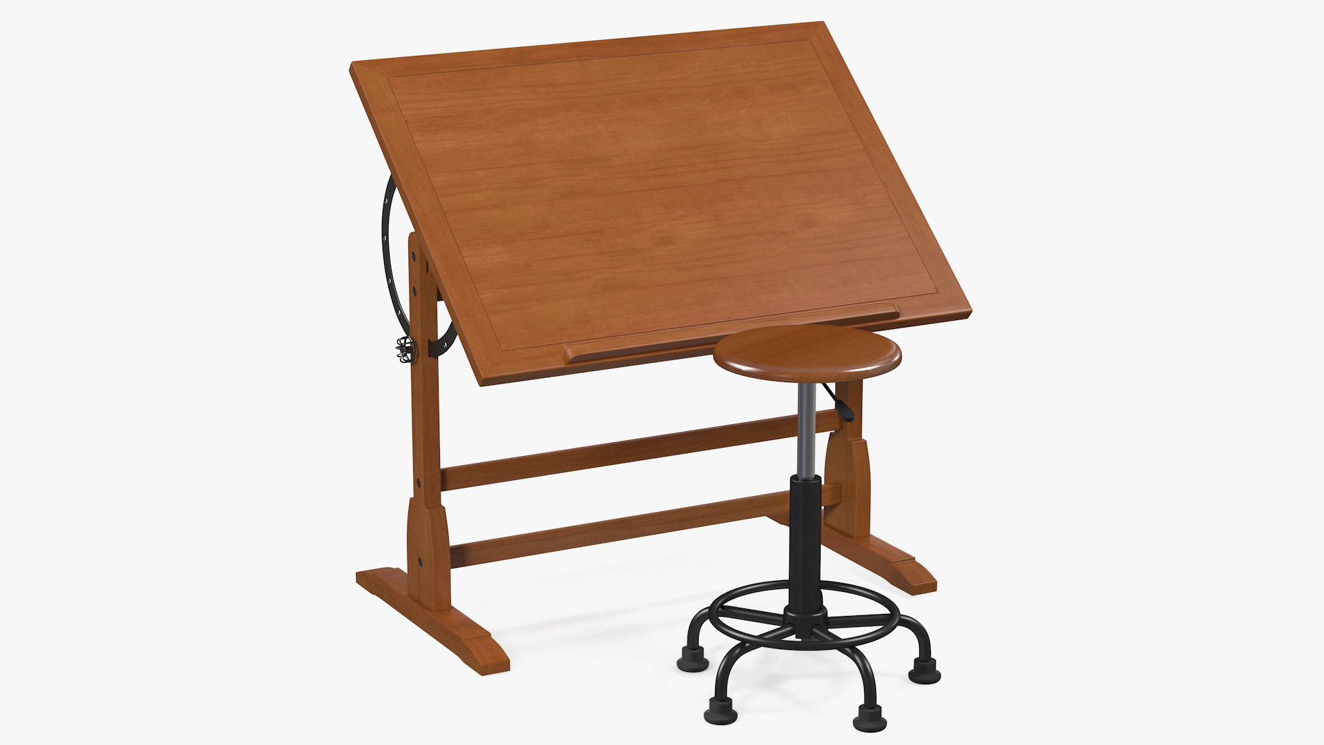 3D Vintage Wood Drafting Table with Drafting Stool Set