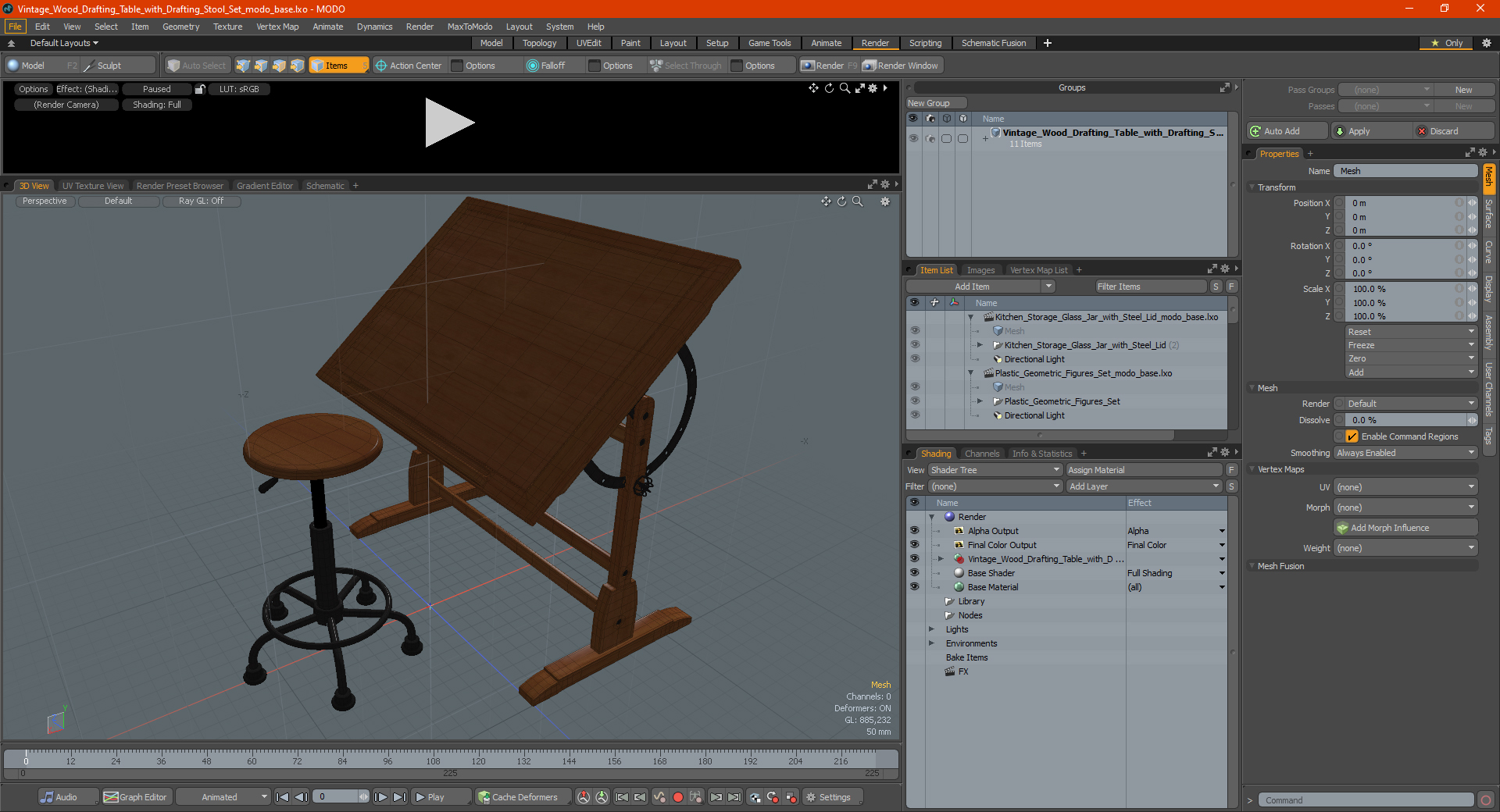 3D Vintage Wood Drafting Table with Drafting Stool Set
