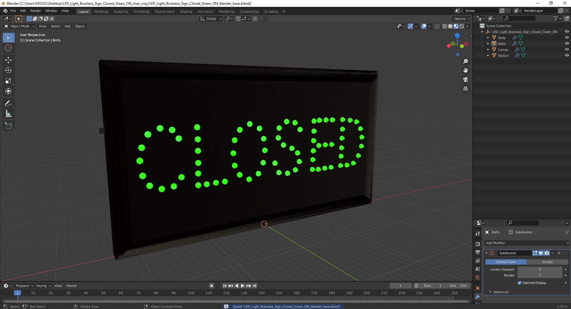 LED Light Business Sign Closed Green ON 3D model