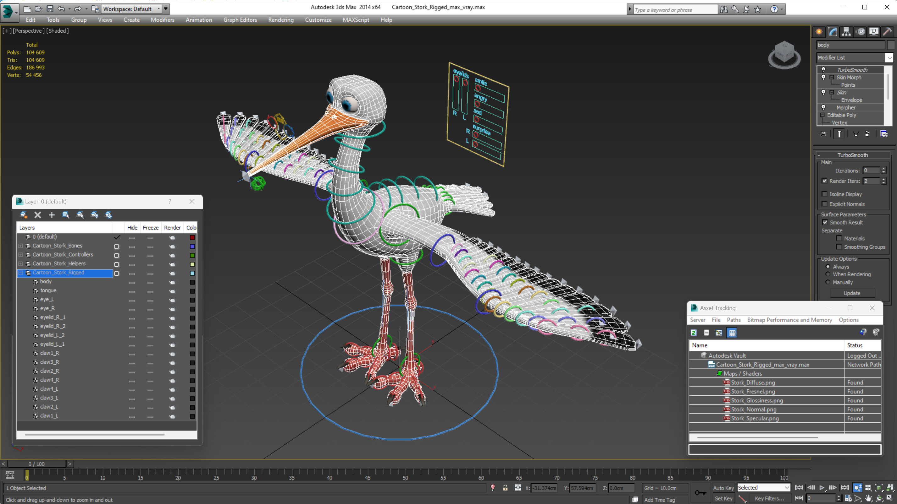 Cartoon Stork Rigged for Maya 3D model
