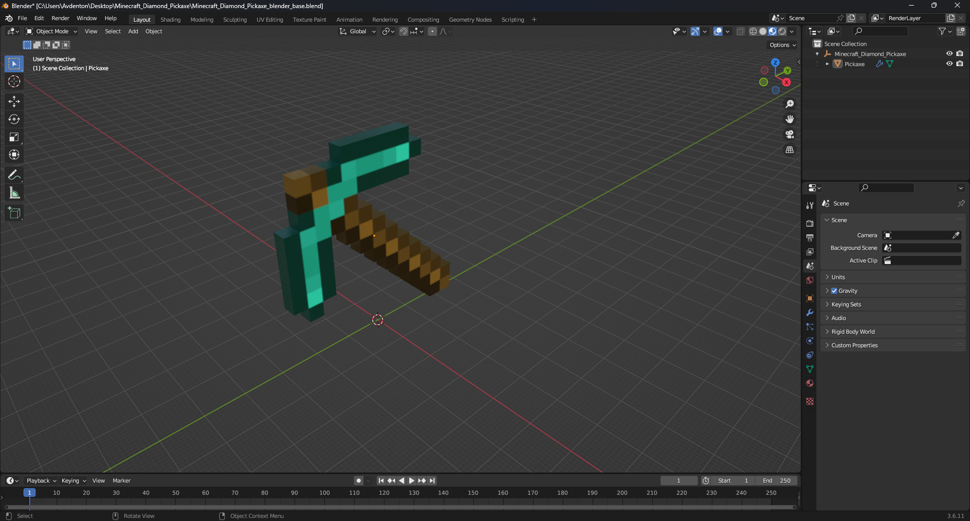3D model Minecraft Diamond Pickaxe