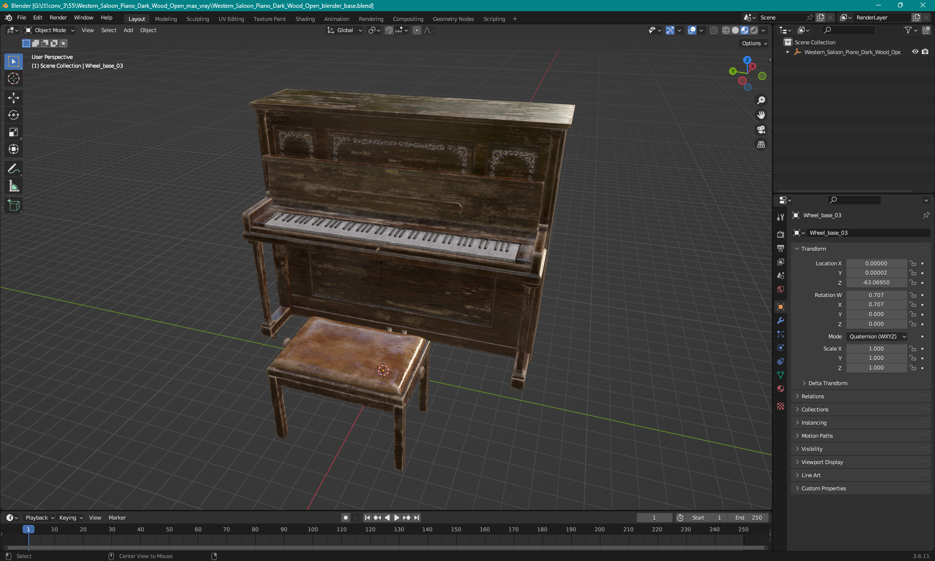 3D model Western Saloon Piano Dark Wood Open