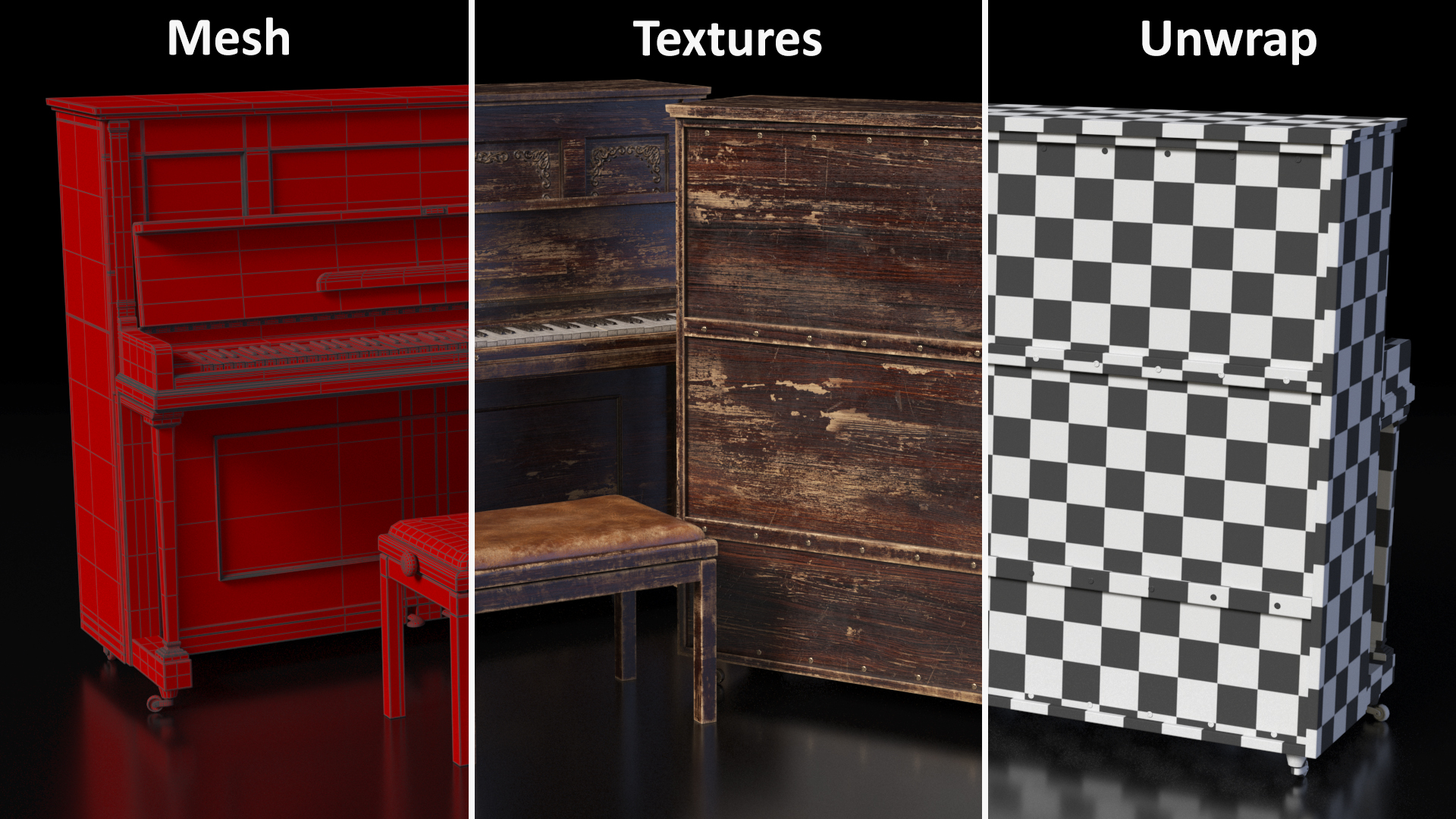 3D model Western Saloon Piano Dark Wood Open