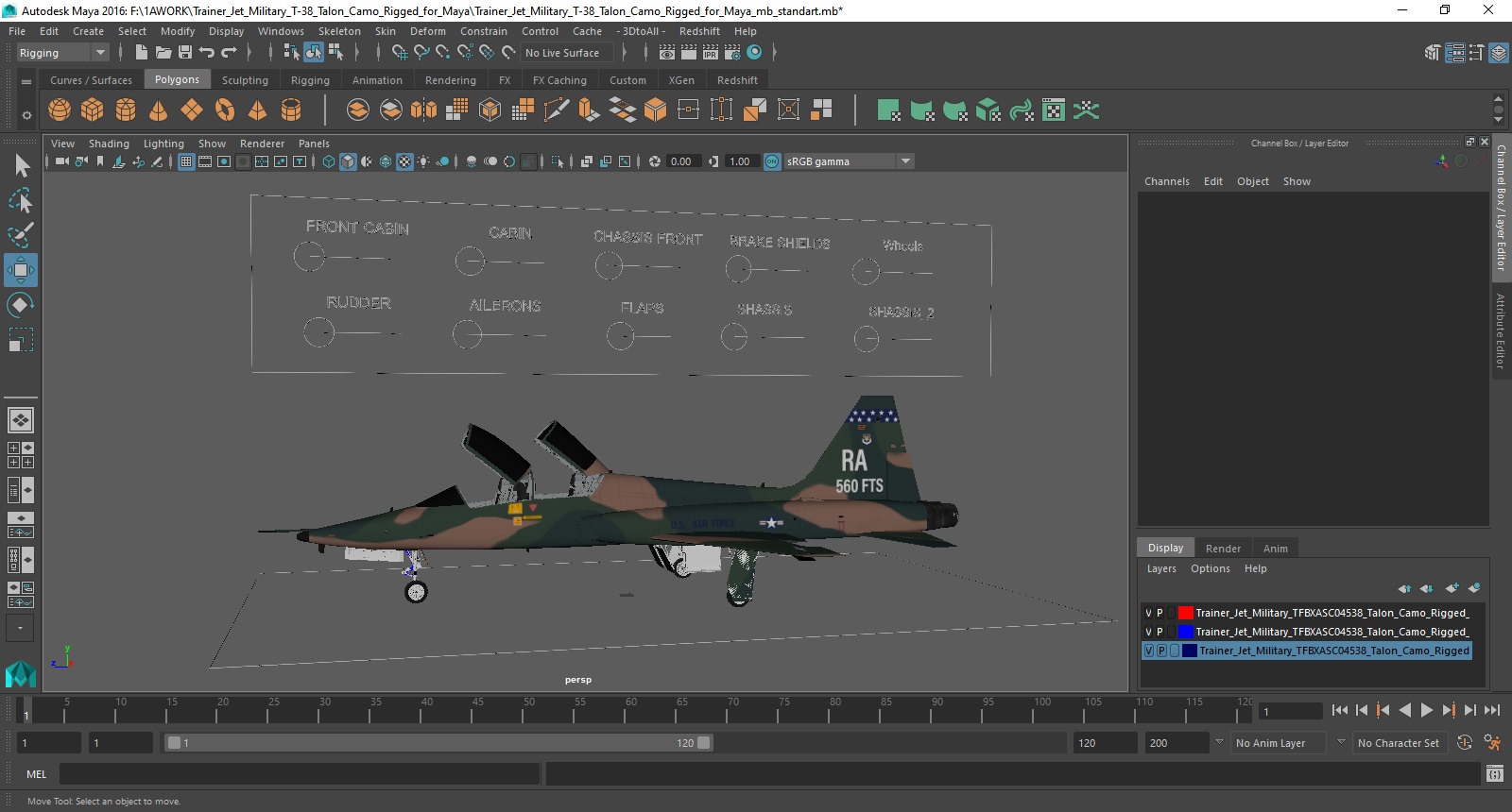Trainer Jet Military T-38 Talon Camo Rigged for Maya 3D