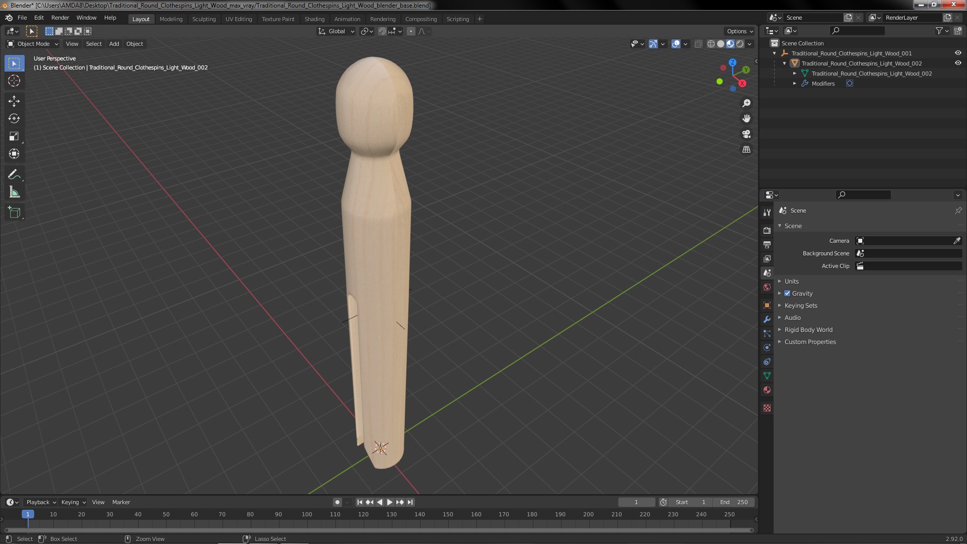 3D model Traditional Round Clothespins Light Wood