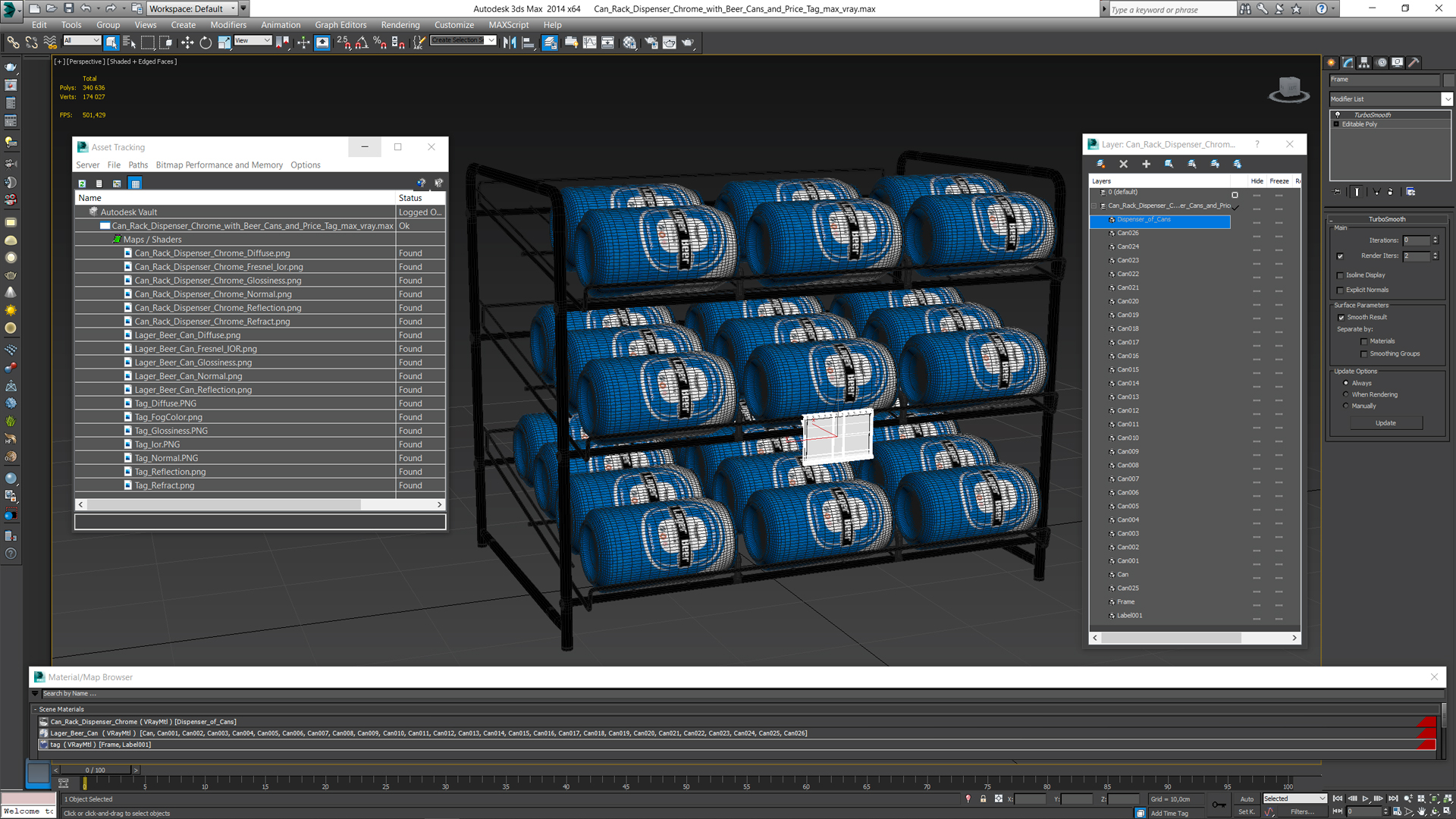 Can Rack Dispenser Chrome with Beer Cans and Price Tag 3D model
