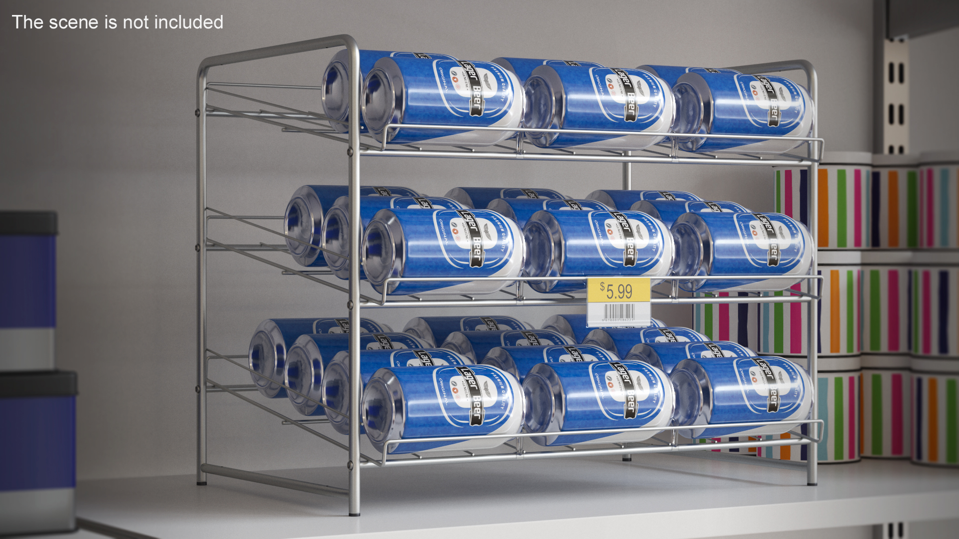 Can Rack Dispenser Chrome with Beer Cans and Price Tag 3D model