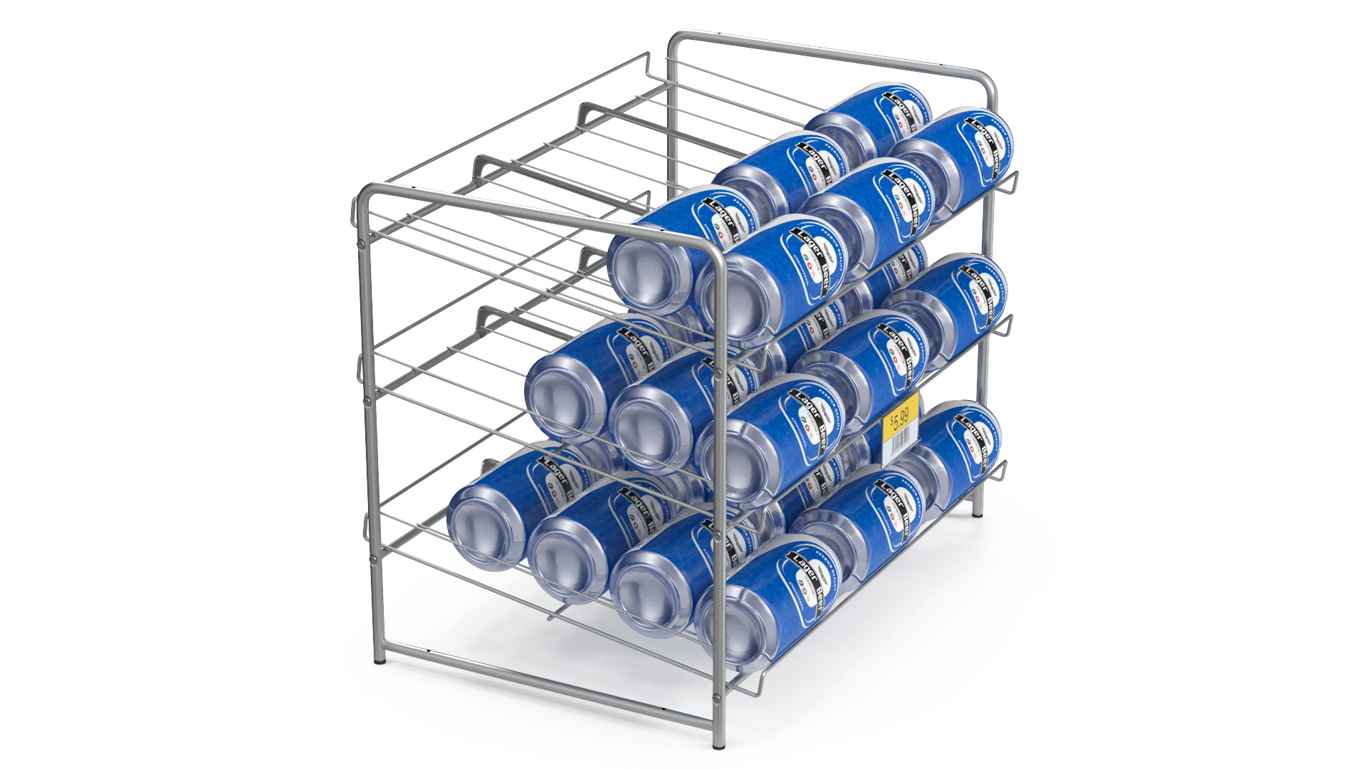 Can Rack Dispenser Chrome with Beer Cans and Price Tag 3D model